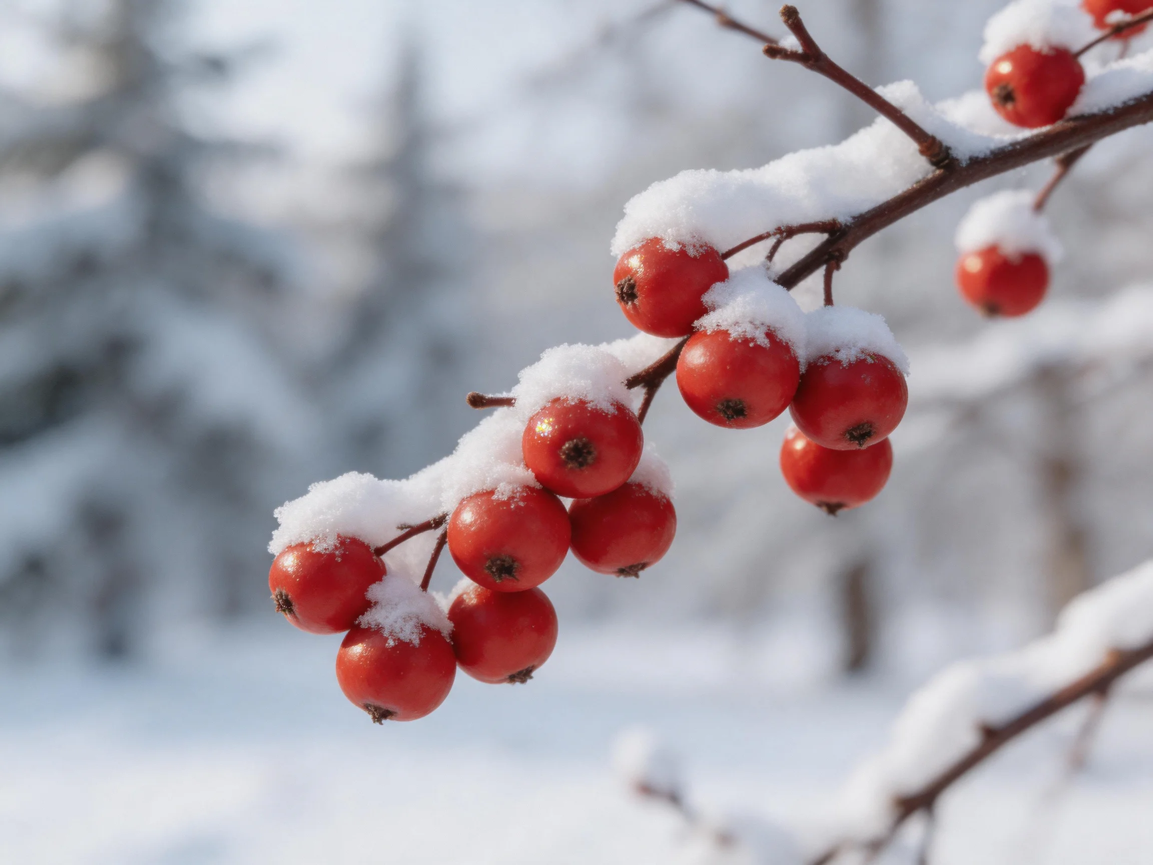 Snow-draped red berry clusters on a winter branch