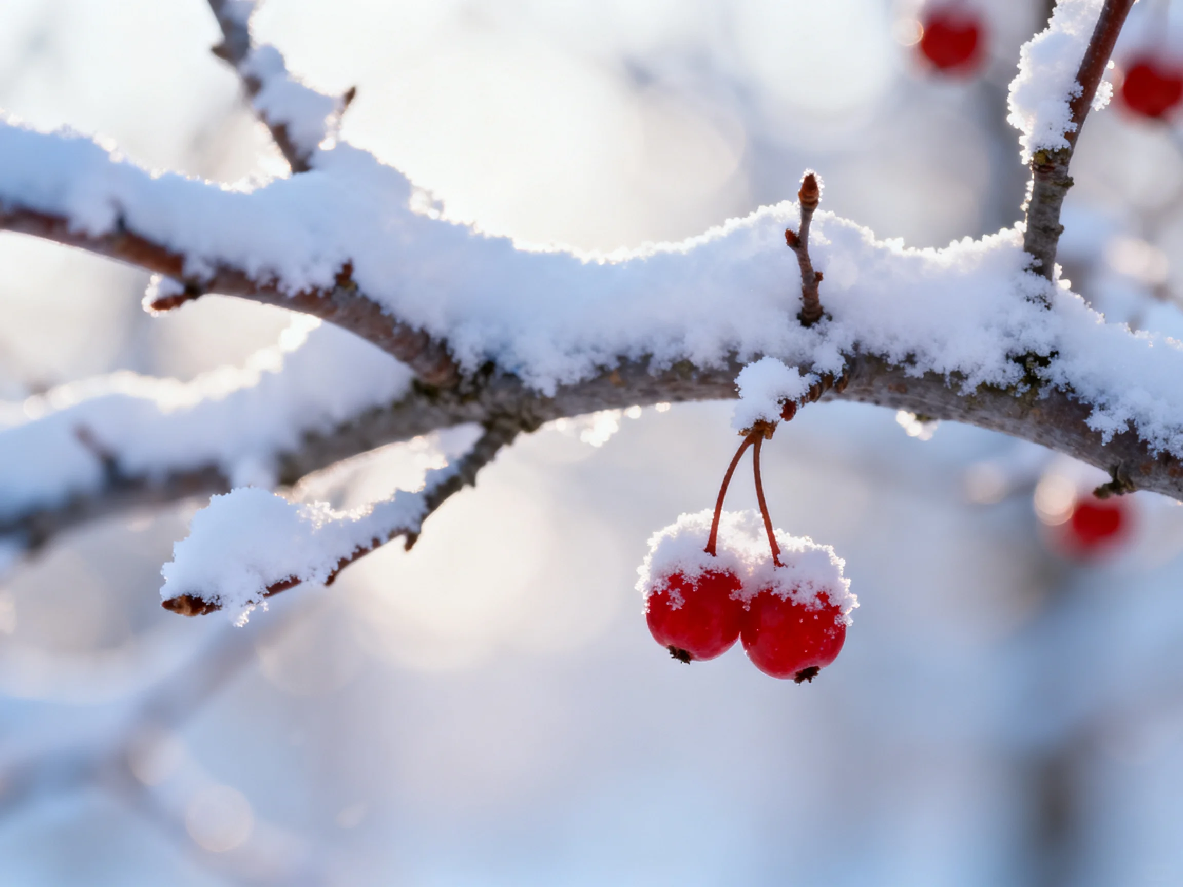 Snow-laden branch with two bright red berries