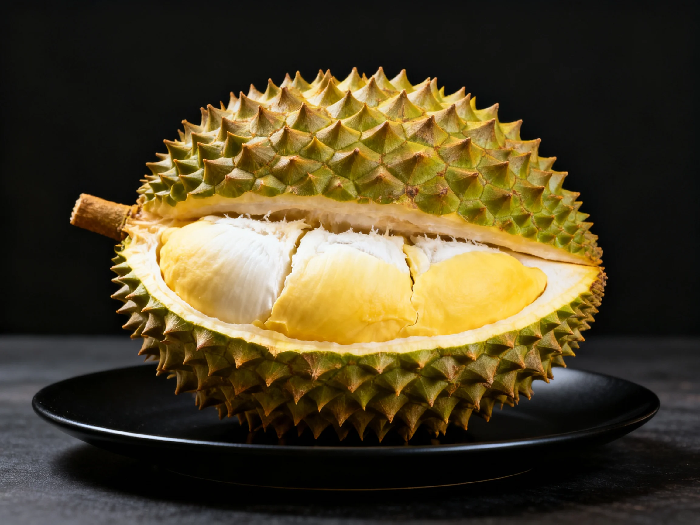 Spiky green durian cut open to show yellow and white flesh