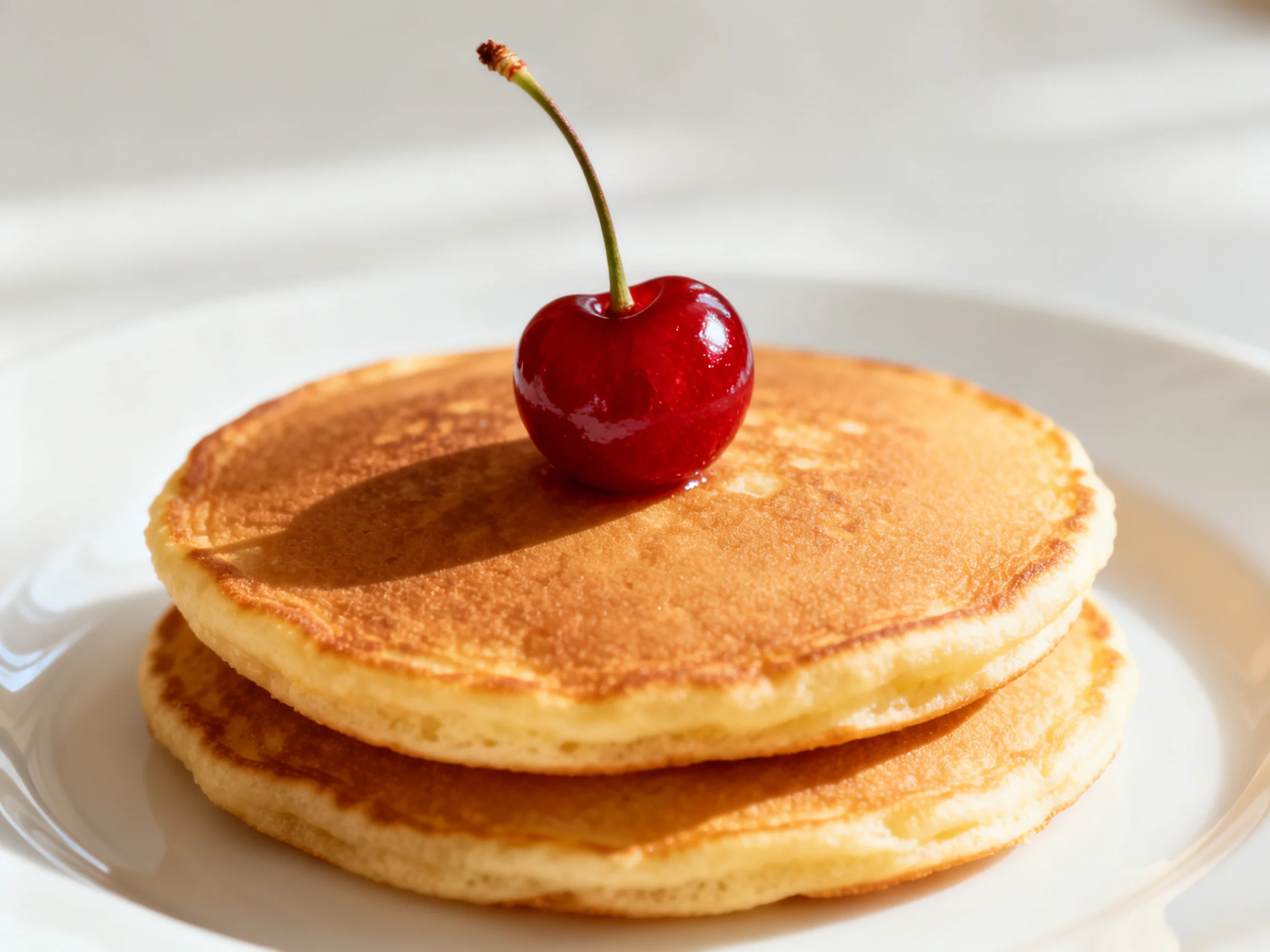 Stack of two golden pancakes with a glossy red cherry on a white plate