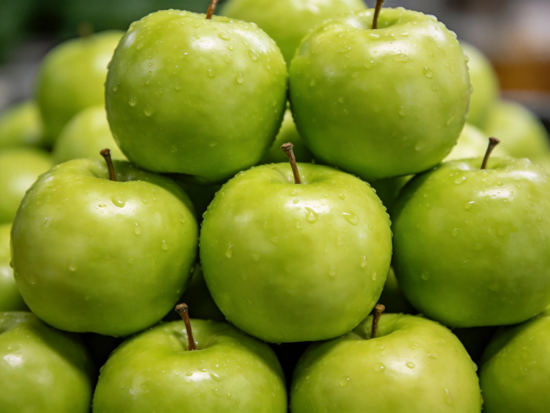 Stacked fresh green apples with water droplets forming a pyramid