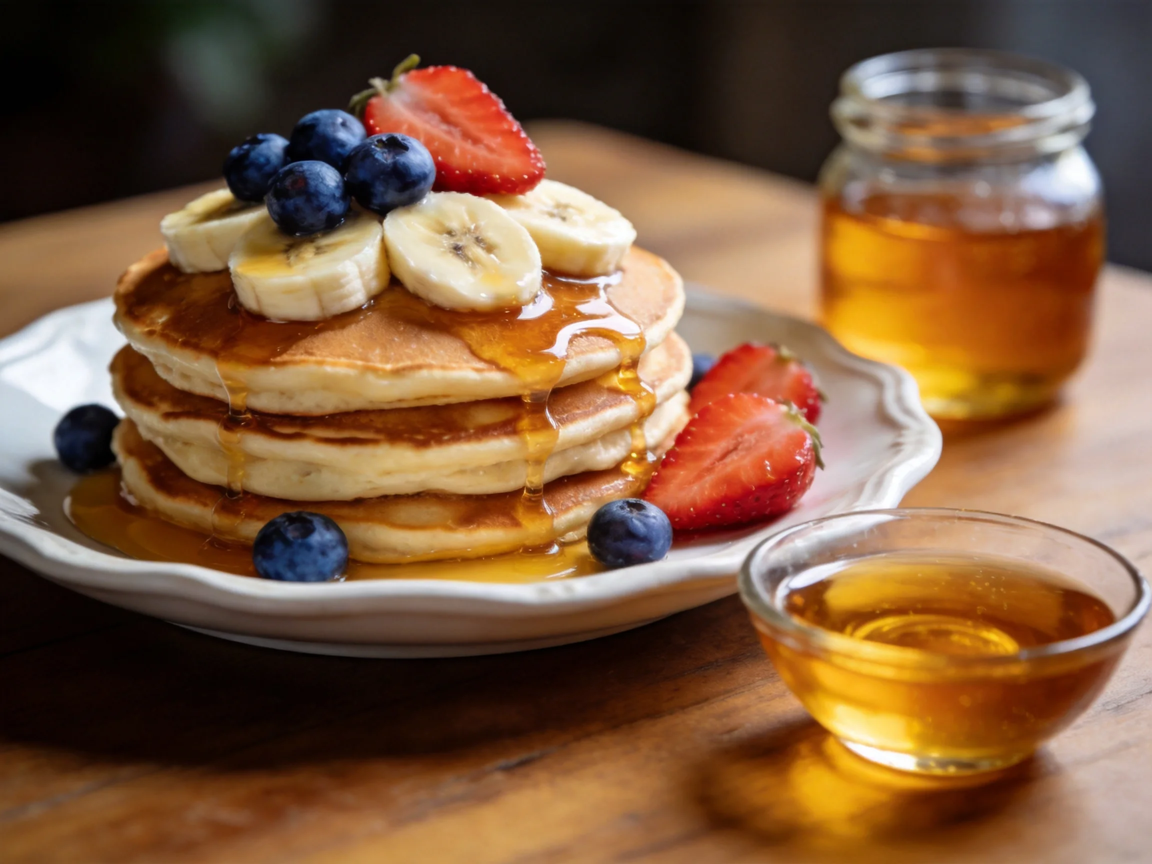 Stacked golden pancakes topped with fresh berries and amber syrup