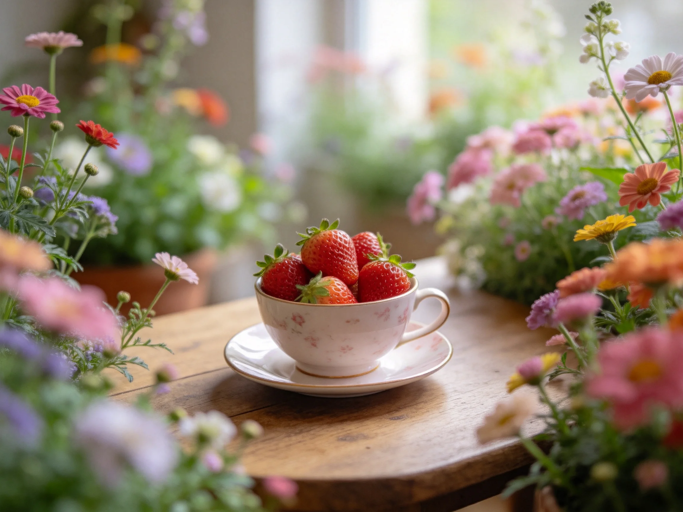Strawberries in a floral teacup on a wooden table among vibrant flowers