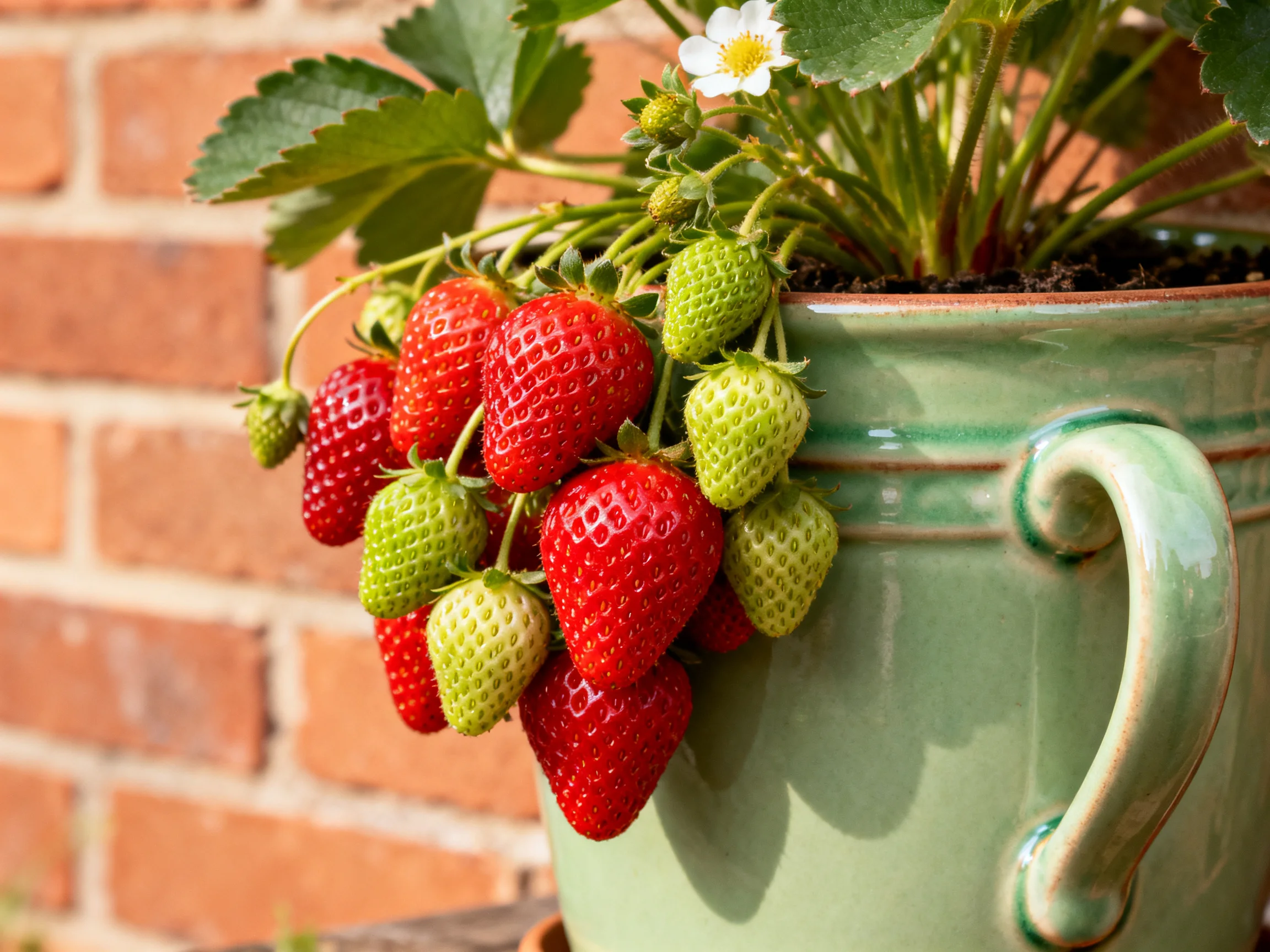 Strawberries in a green ceramic pot with red and green fruits