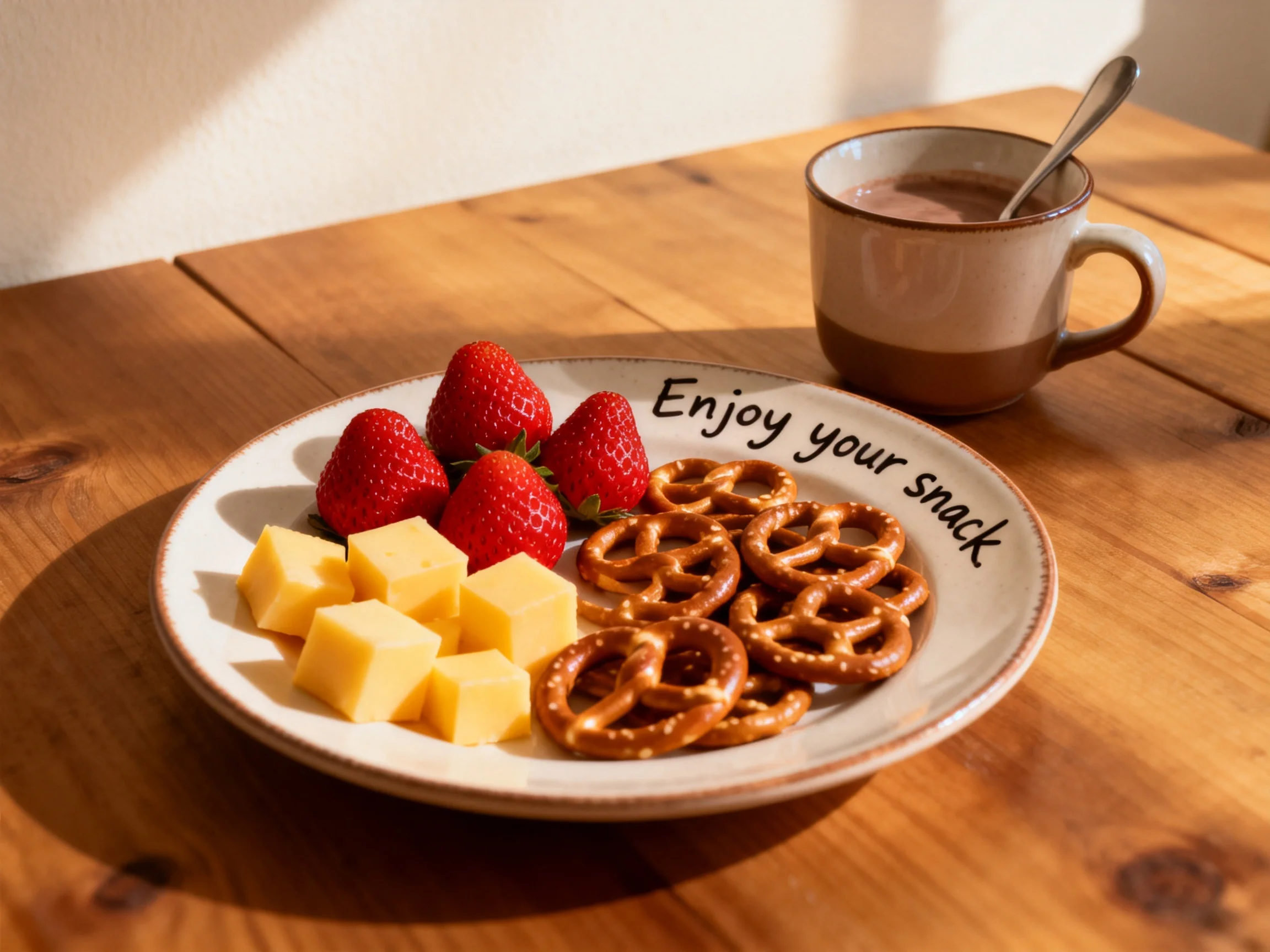 Strawberries, pretzels, cheese cubes, and a mug of hot chocolate on a wooden table