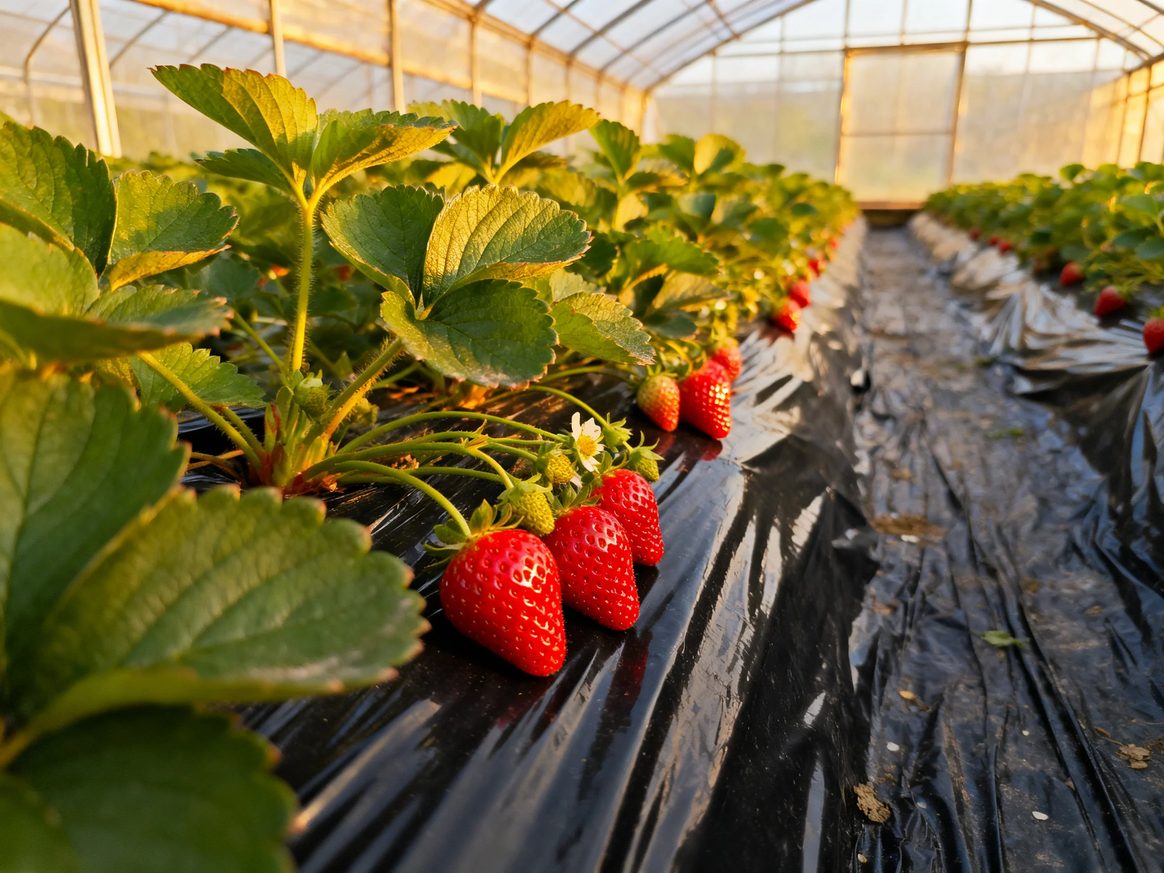 Strawberry plants flourish in a sunlit greenhouse with vibrant red fruits
