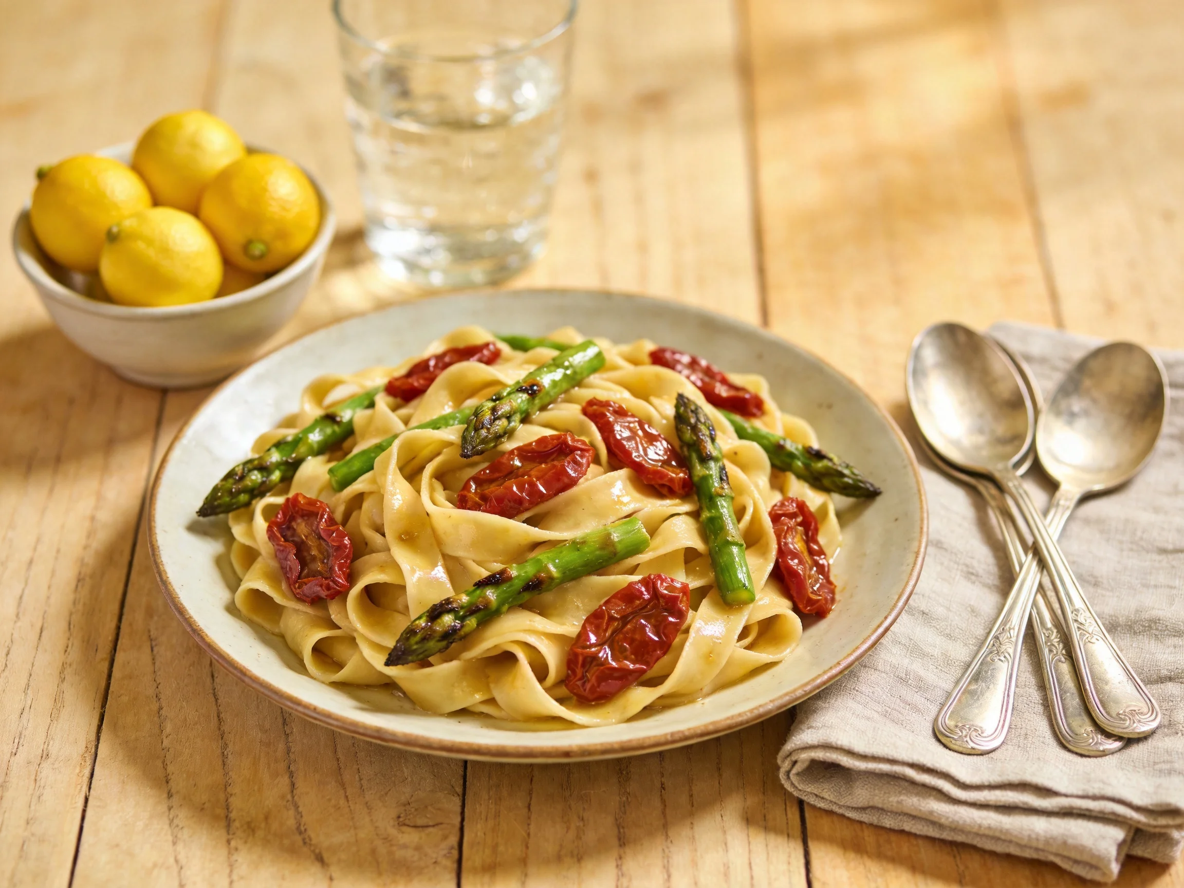 Tagliatelle pasta with roasted tomatoes, asparagus, and lemons on a wooden table