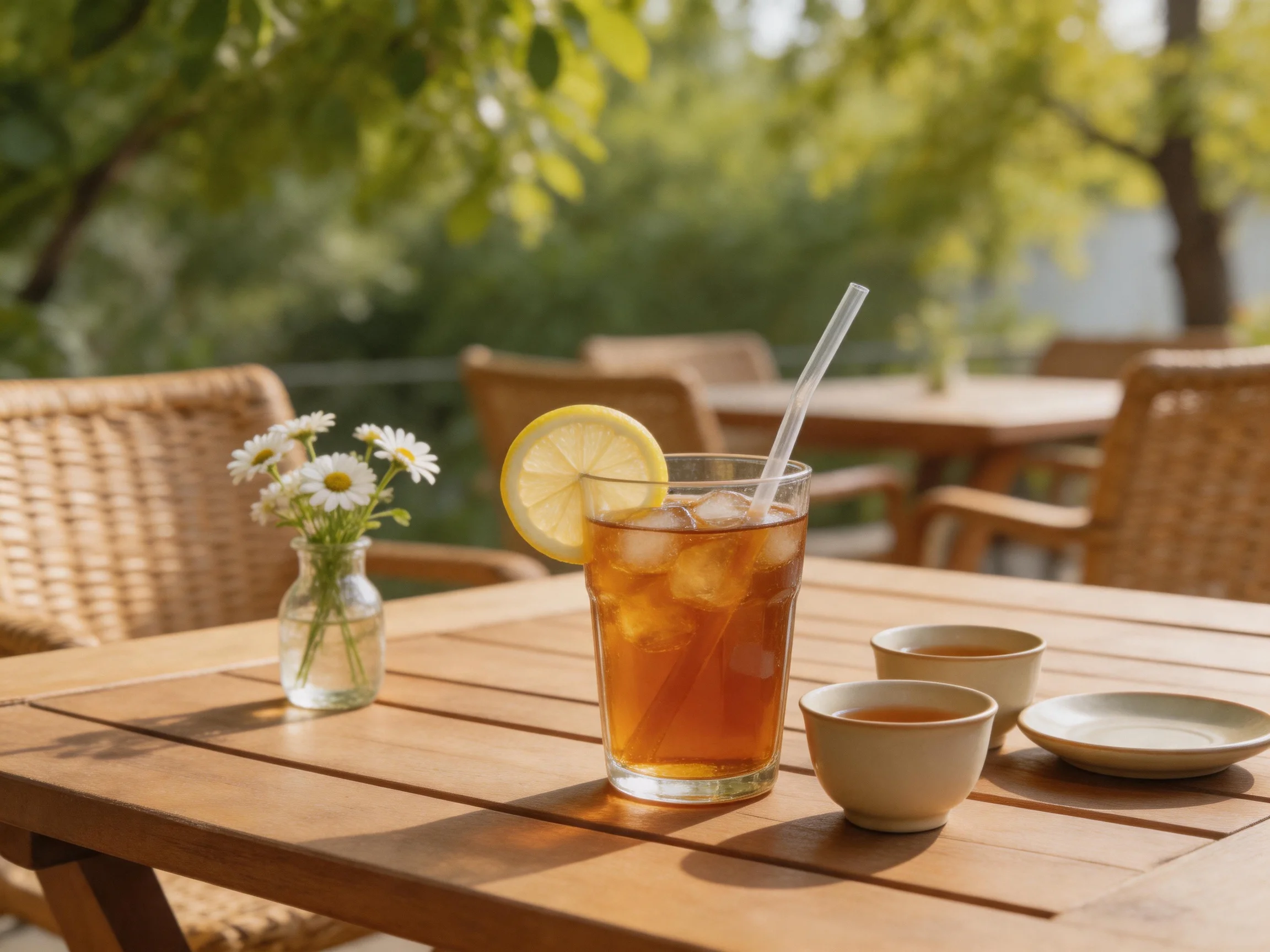 Tall glass of amber iced tea with lemon on wooden patio