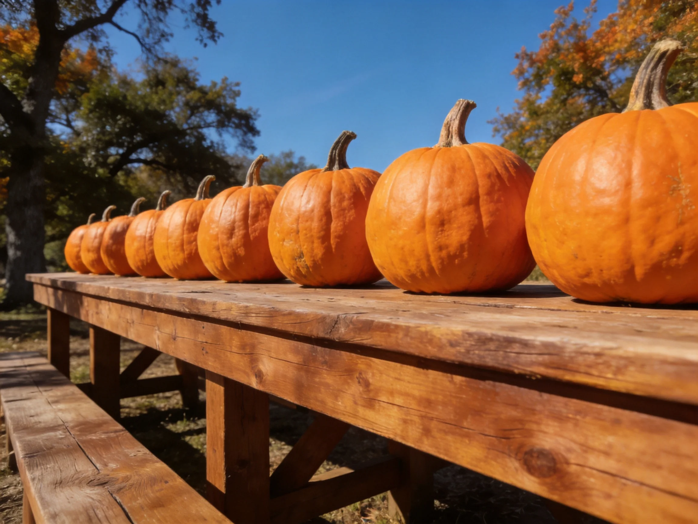 Ten bright orange pumpkins arranged on a weathered wooden table outdoors.