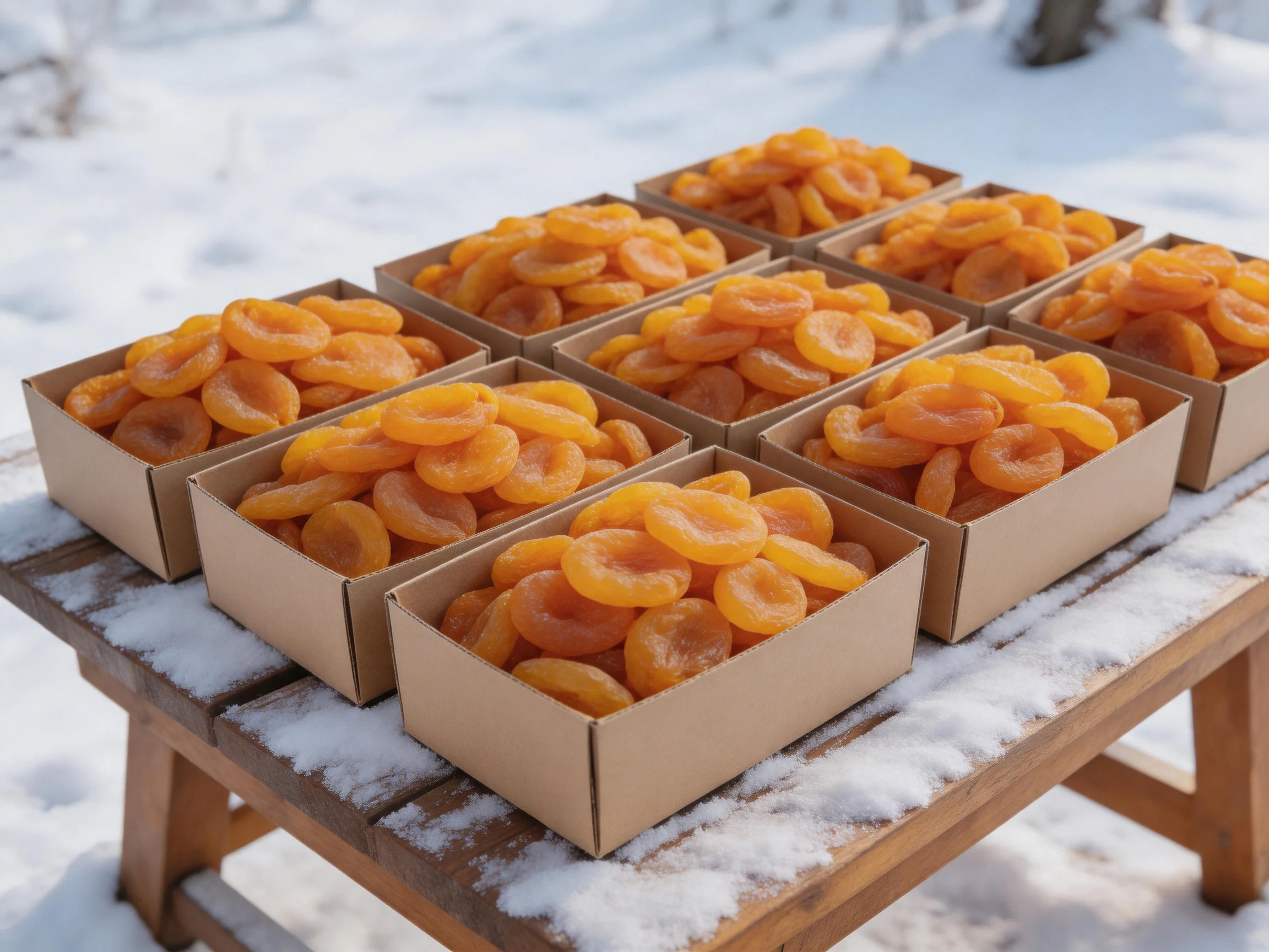 Ten cardboard boxes filled with golden dried apricots sit on a snow-dusted wooden table.