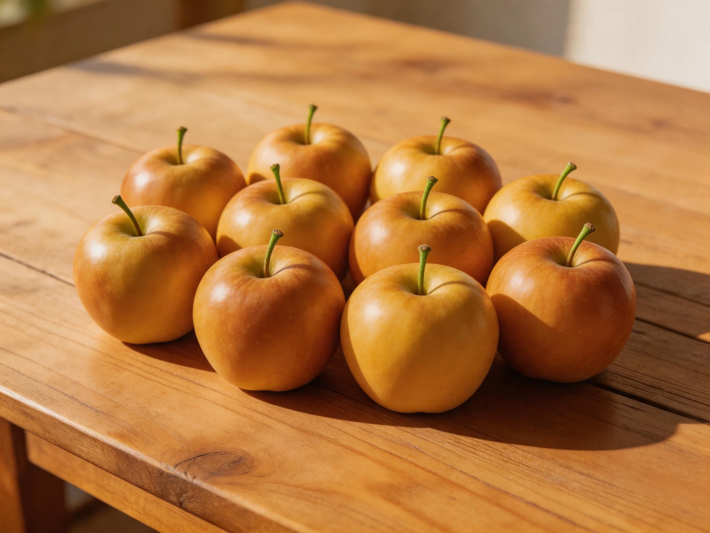 Ten golden-hued apples arranged on a polished wooden table