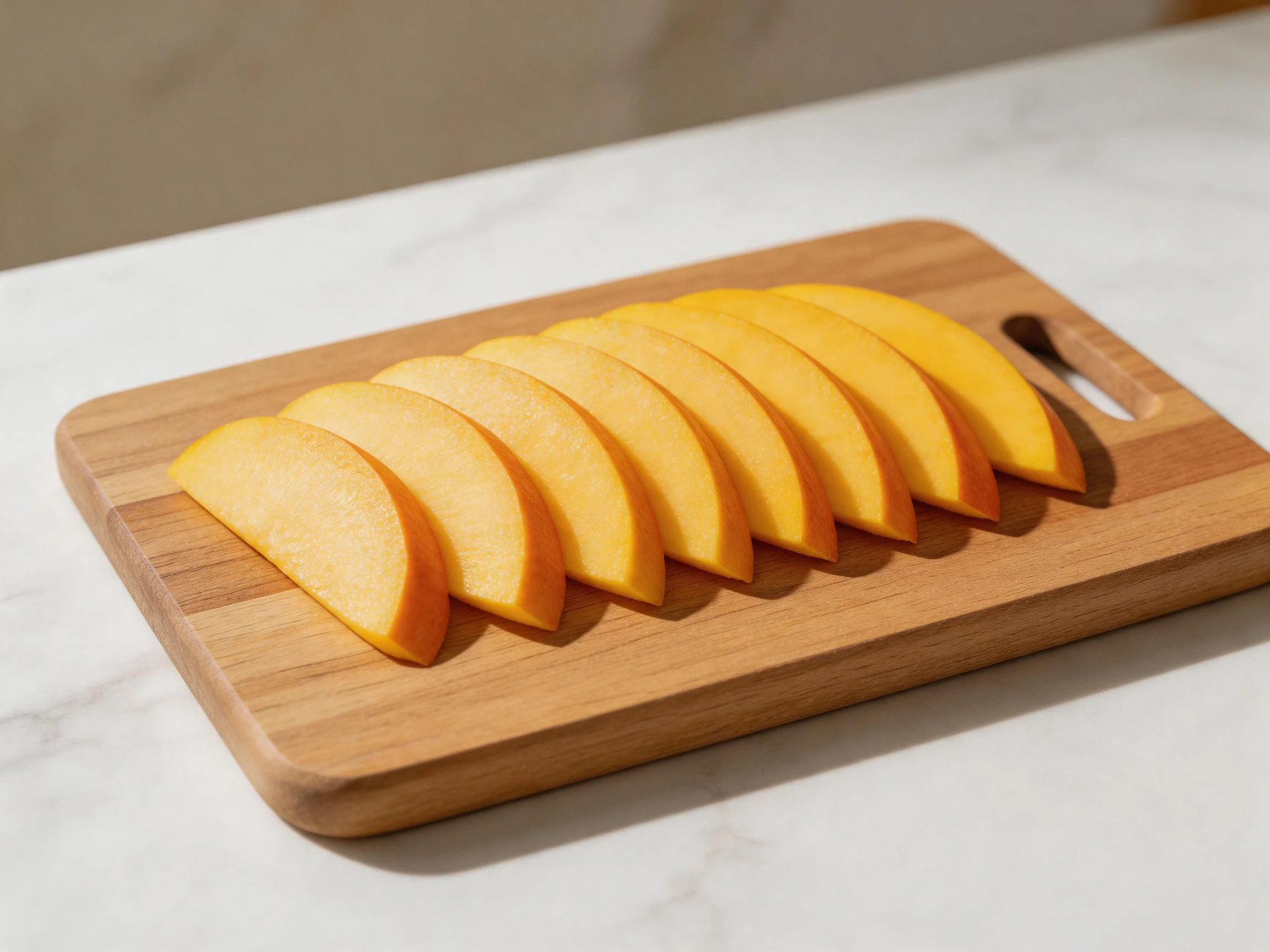 Ten orange-yellow fruit slices arranged on a wooden cutting board