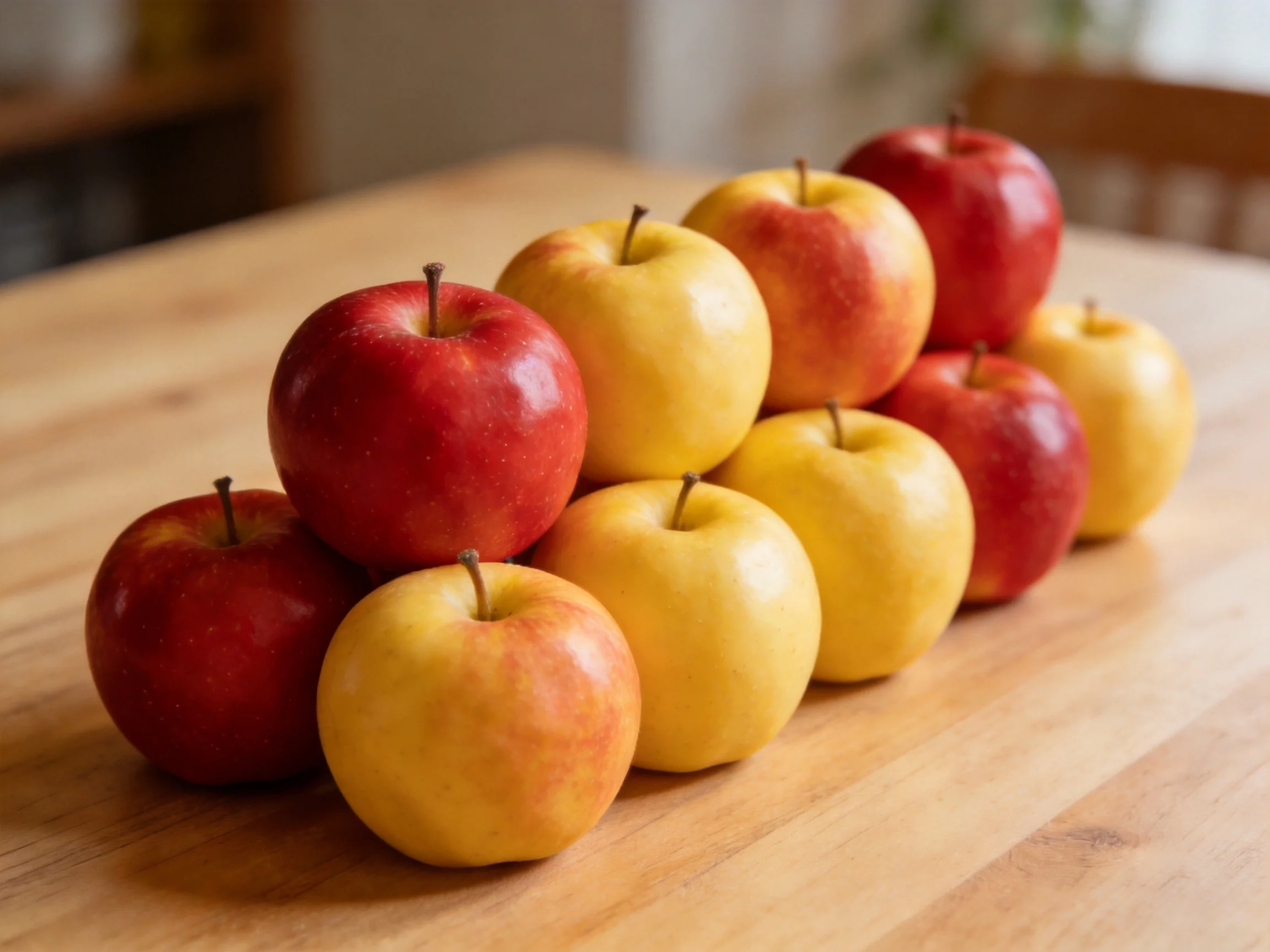 Ten red and golden apples arranged in a pyramid on a wooden table