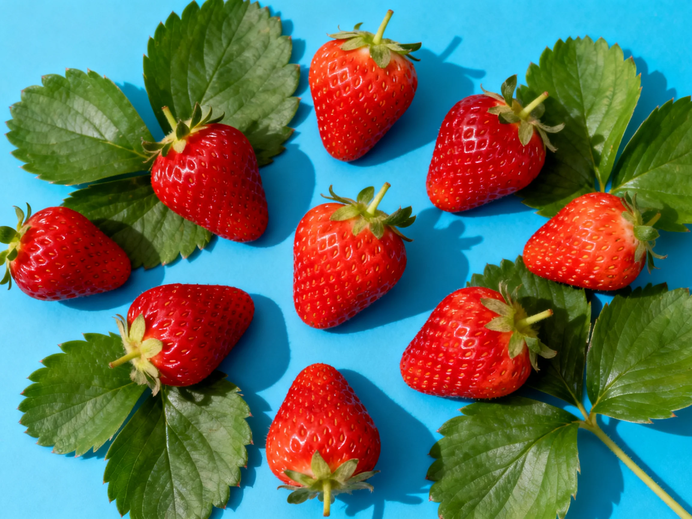 Ten vibrant strawberries with green leaves on a bright blue surface