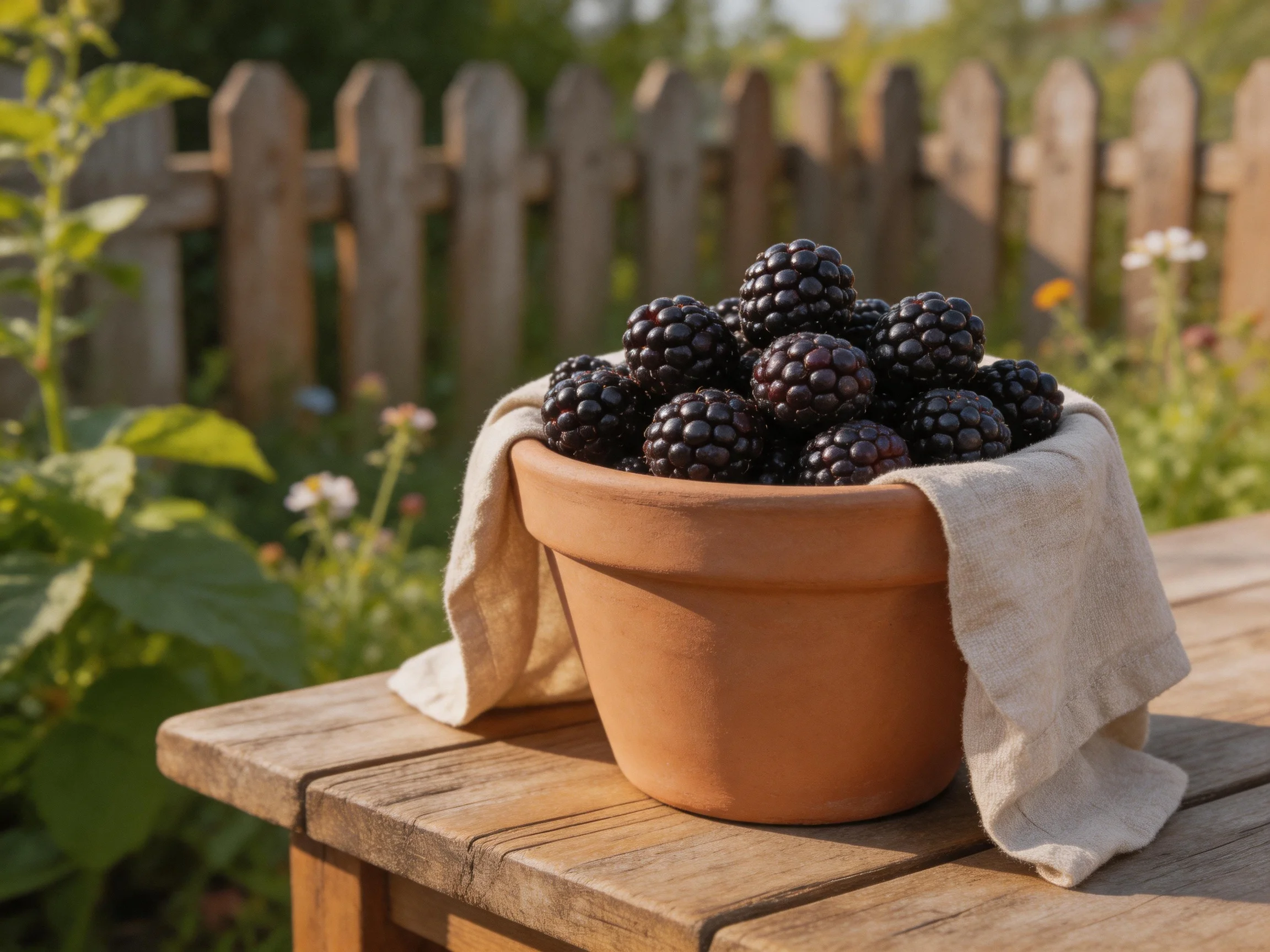 Terracotta pot overflowing with dark berries on a wooden table near a picket fence