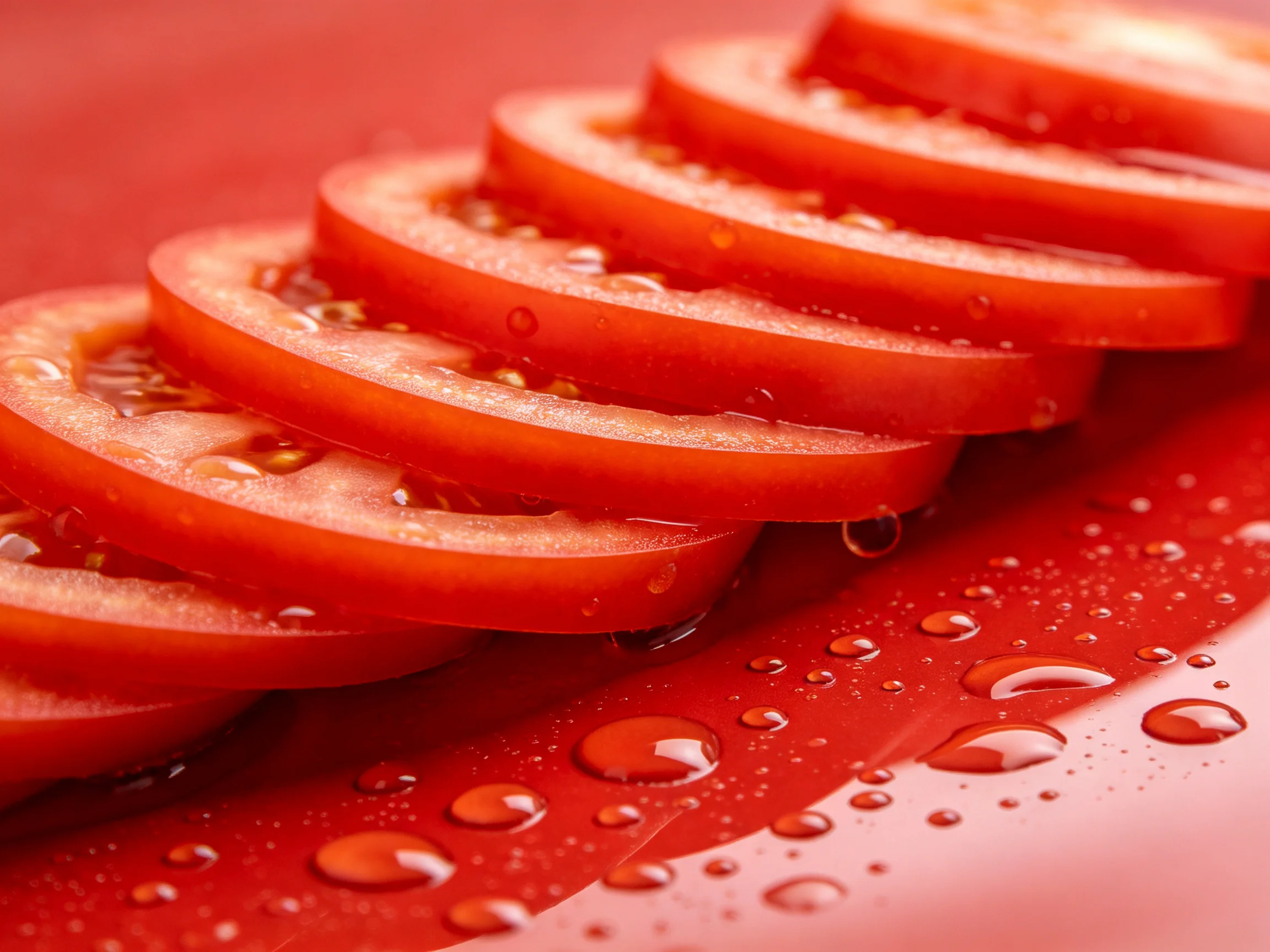 Thickly sliced red tomatoes with water droplets