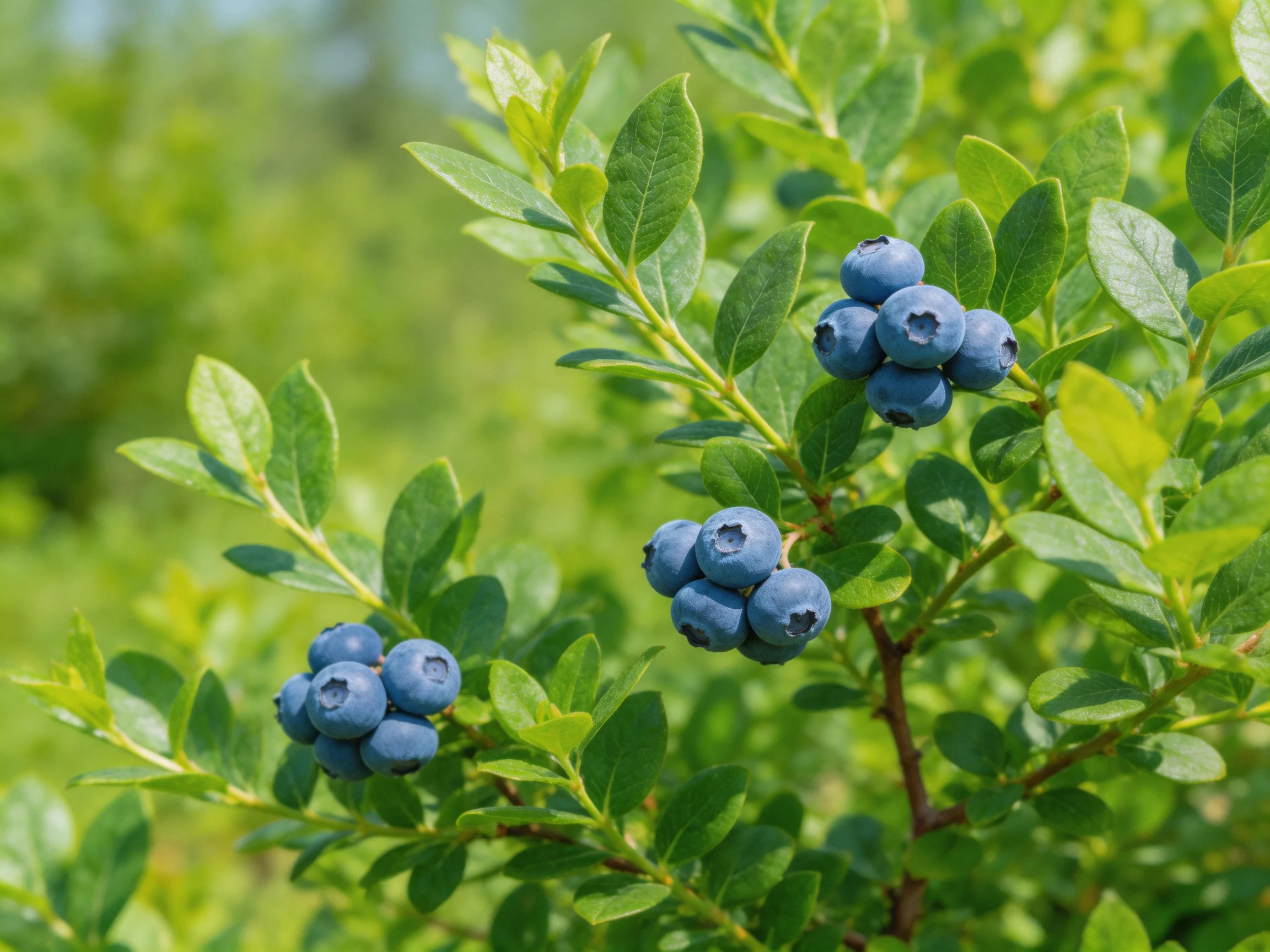 Three Clusters of Ripe Blueberries Among Lush Green Foliage