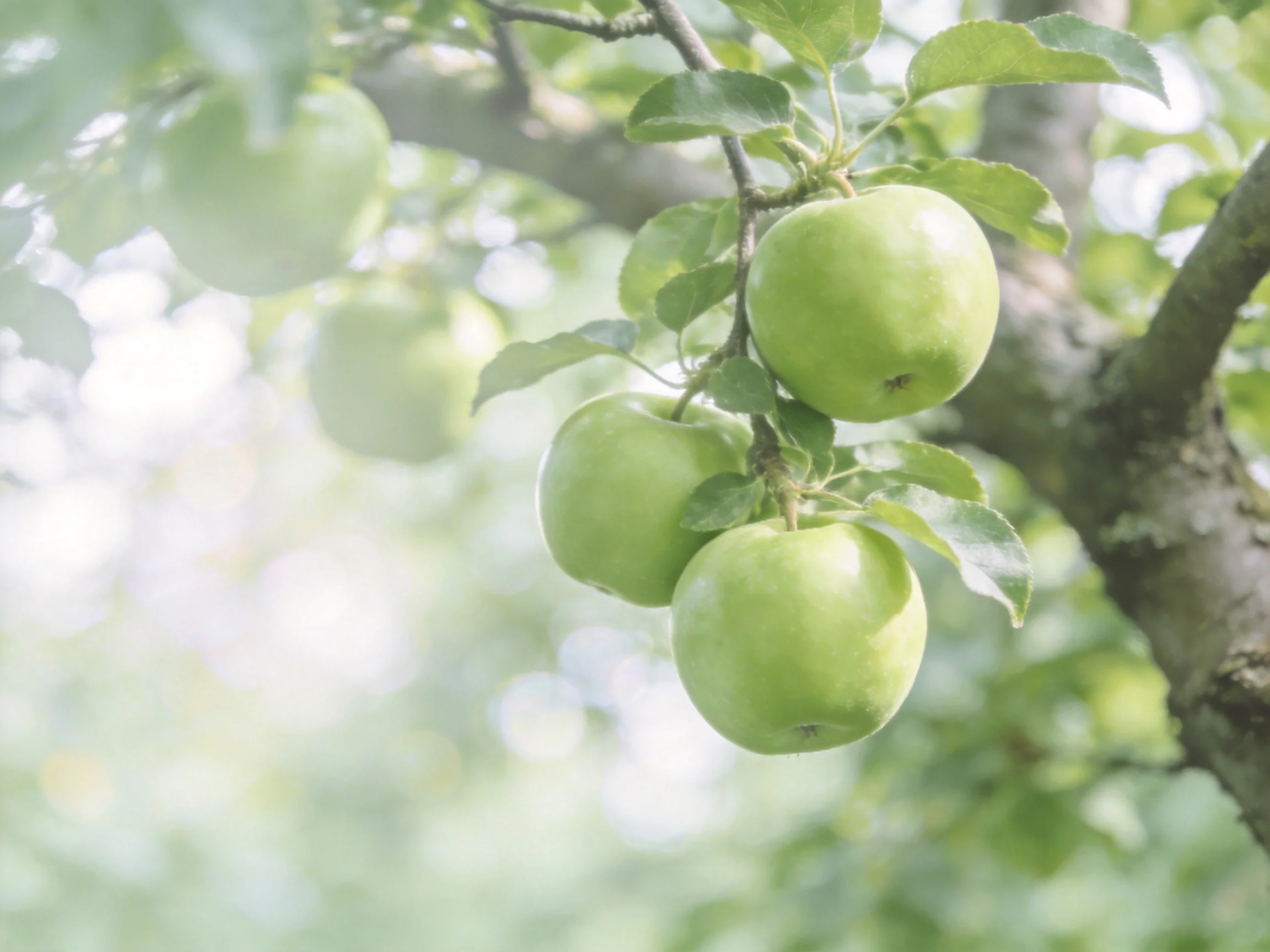 Three Green Apples Grow on a Sunlit Apple Tree Branch