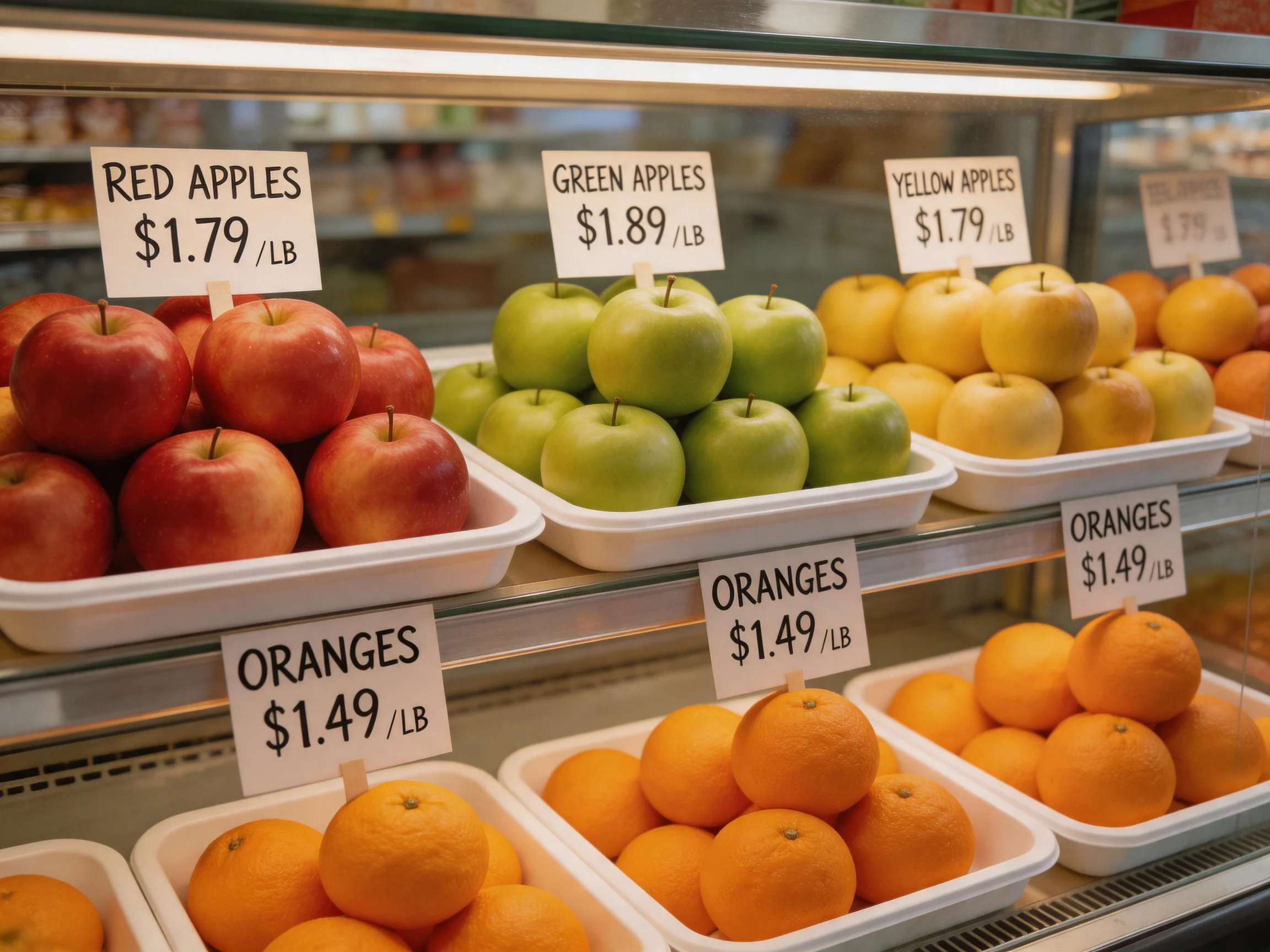 Three apple colors and multiple orange displays in a market