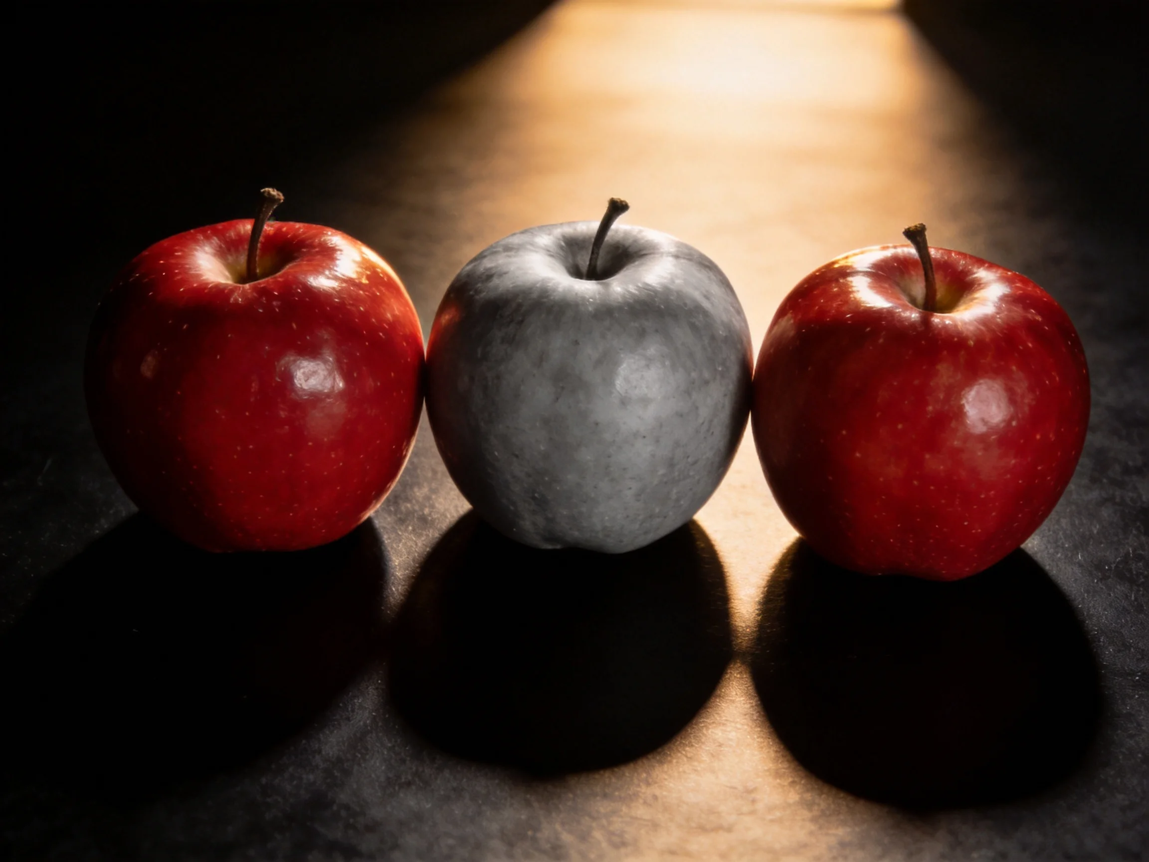 Three apples arranged side by side, two red one grayscale with dramatic lighting