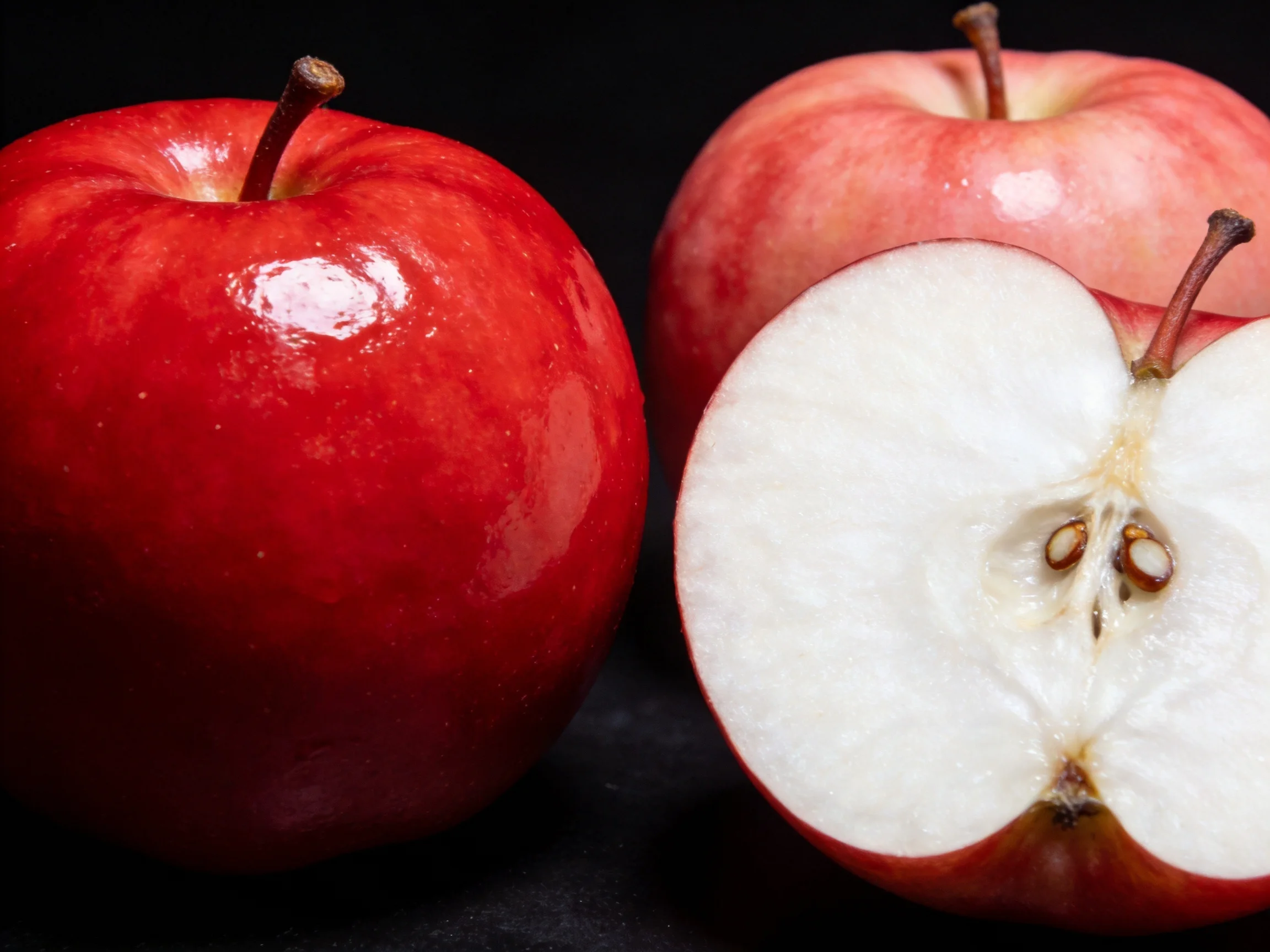 Three apples displayed, two whole and one sliced, show red and pink hues