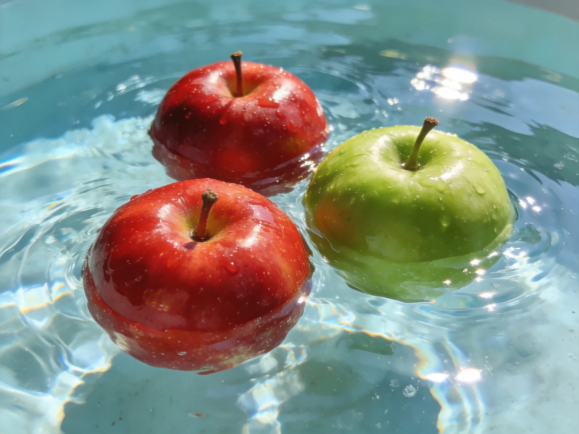 Three apples float in clear water, two red and one green