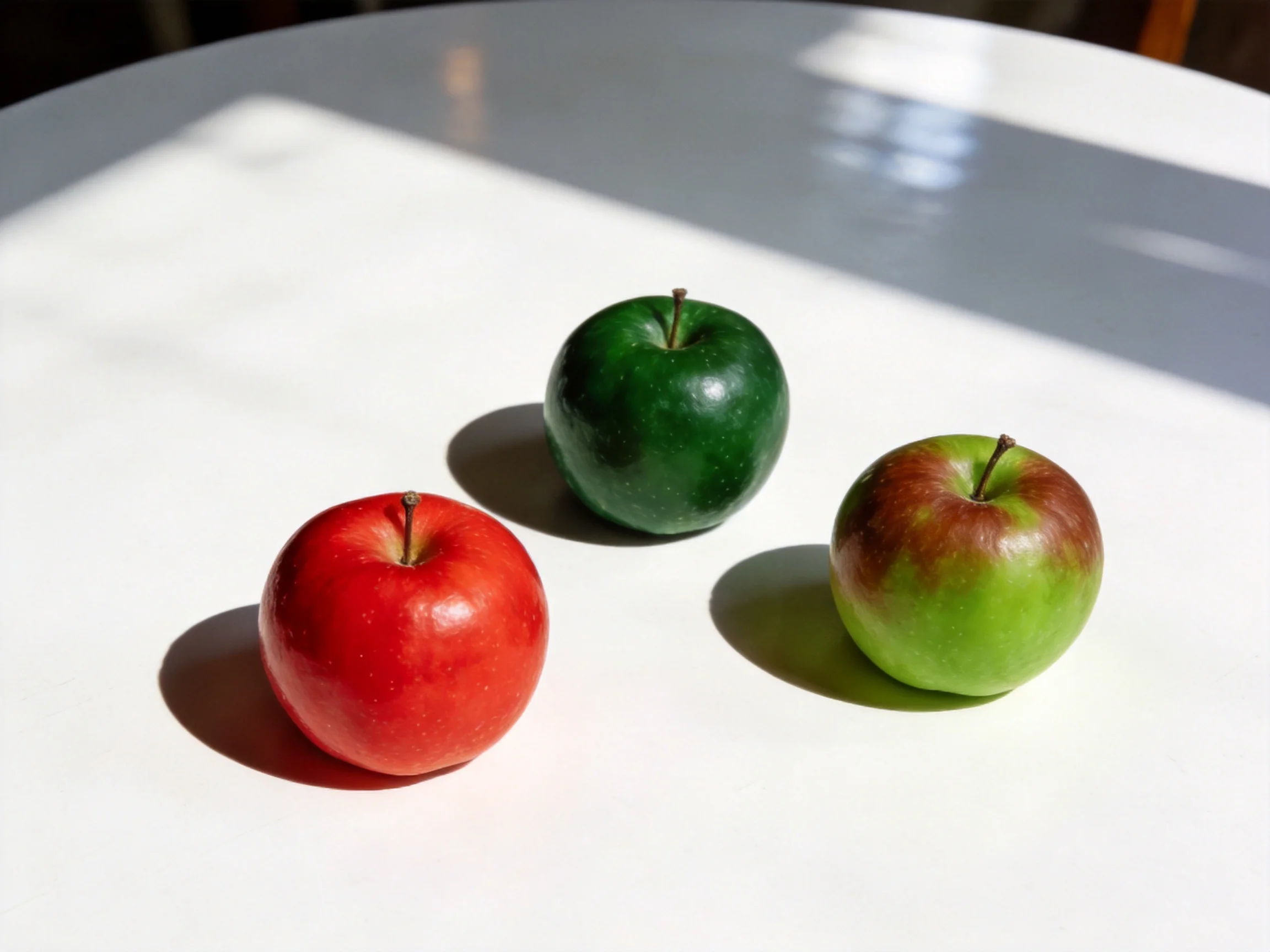 Three apples in various colors arranged on a white surface
