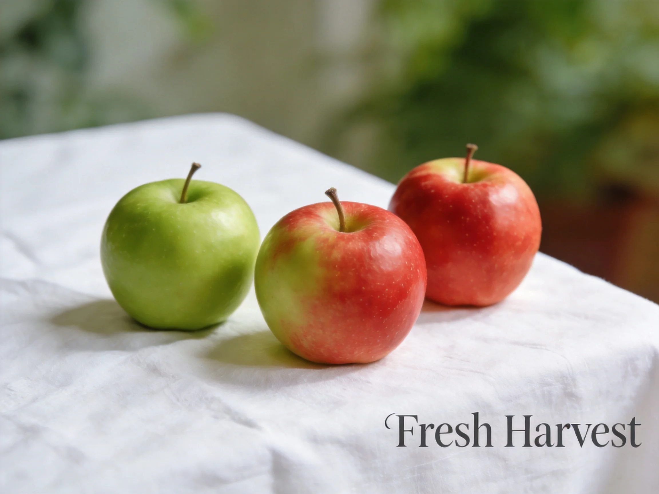 Three apples, one green and two red, sit atop a white cloth