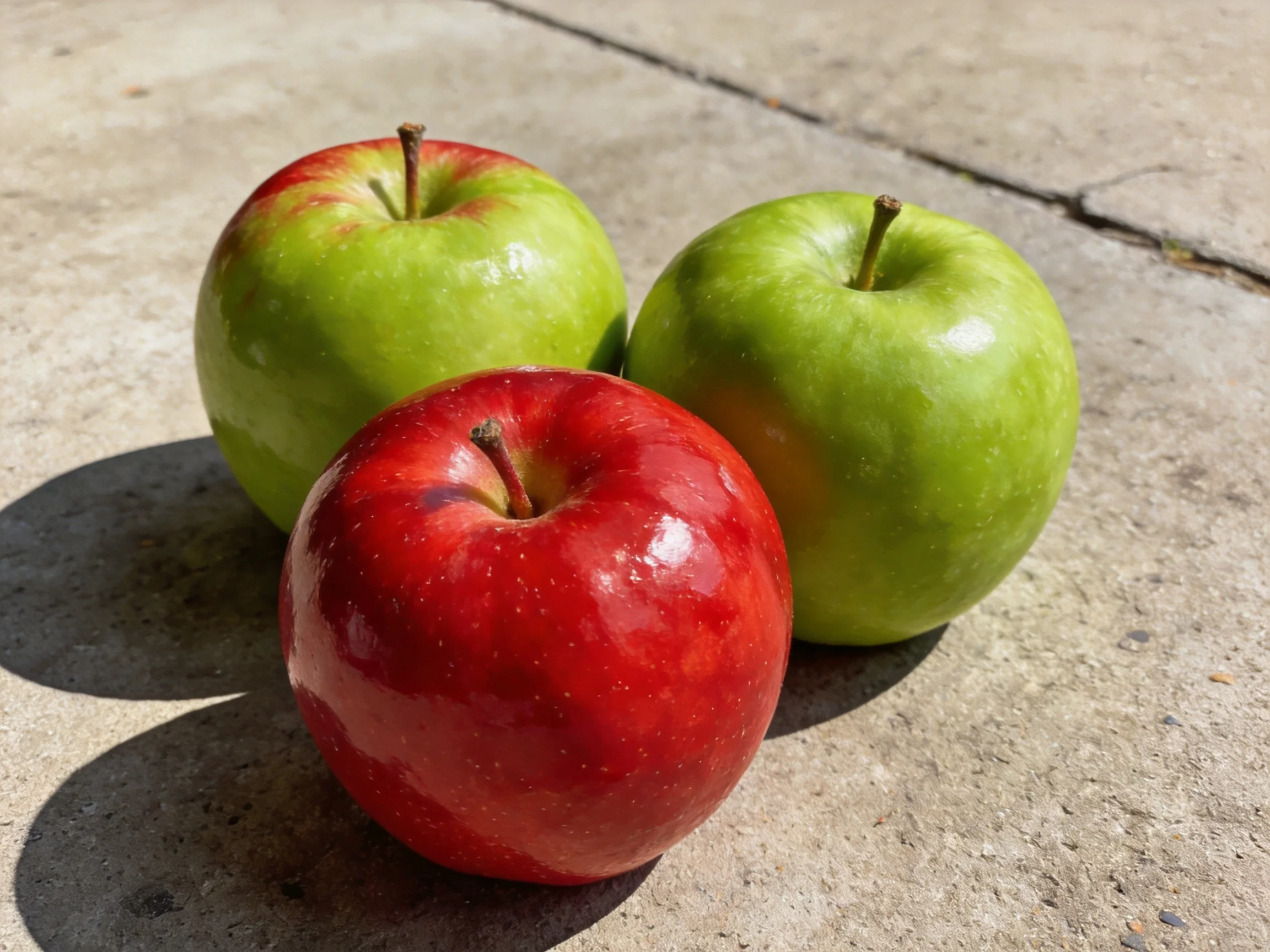 Three apples, two green with red accents, one bright red, on concrete