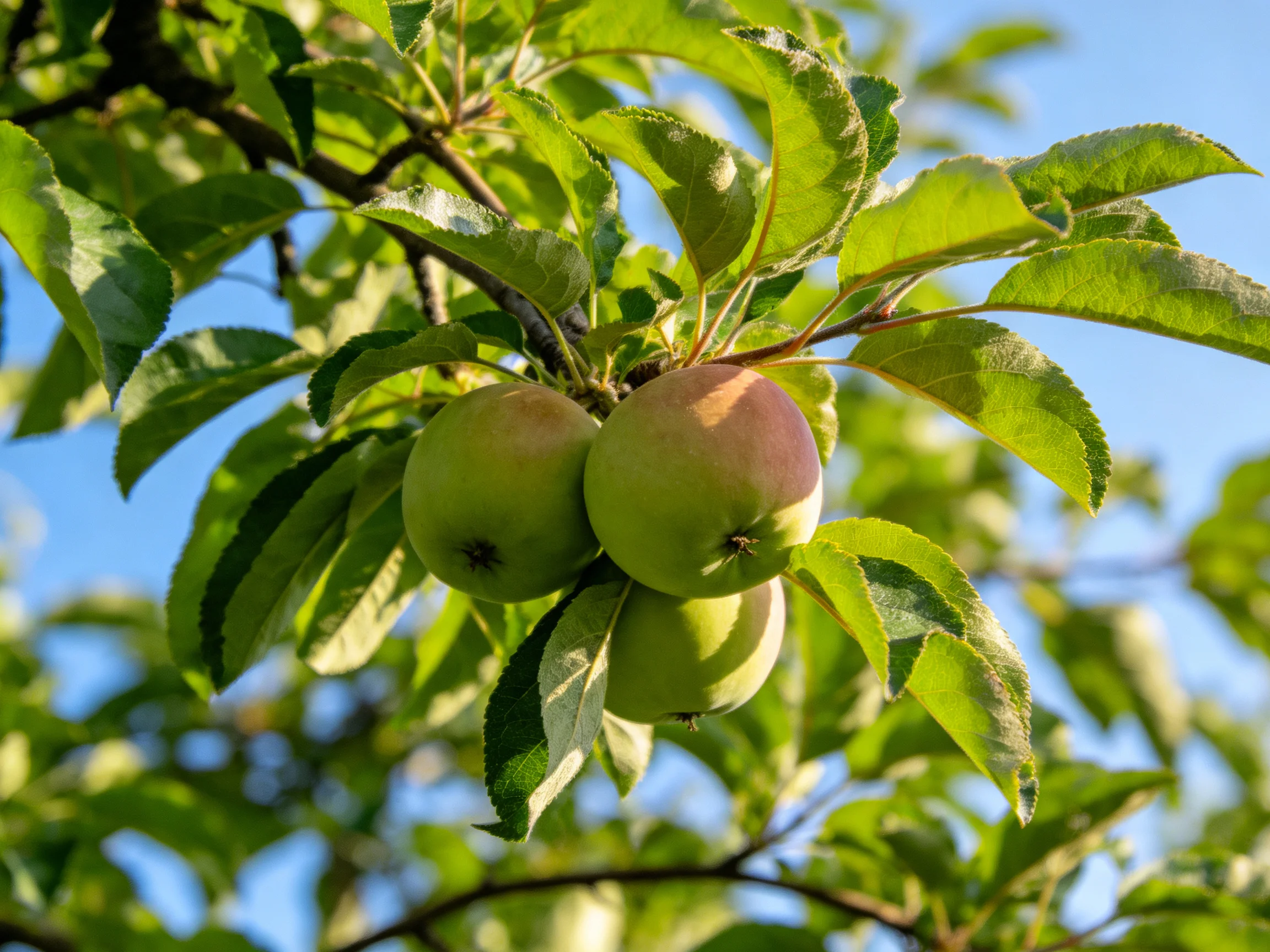 Three apples with green and pink hues hang from a leafy apple tree branch