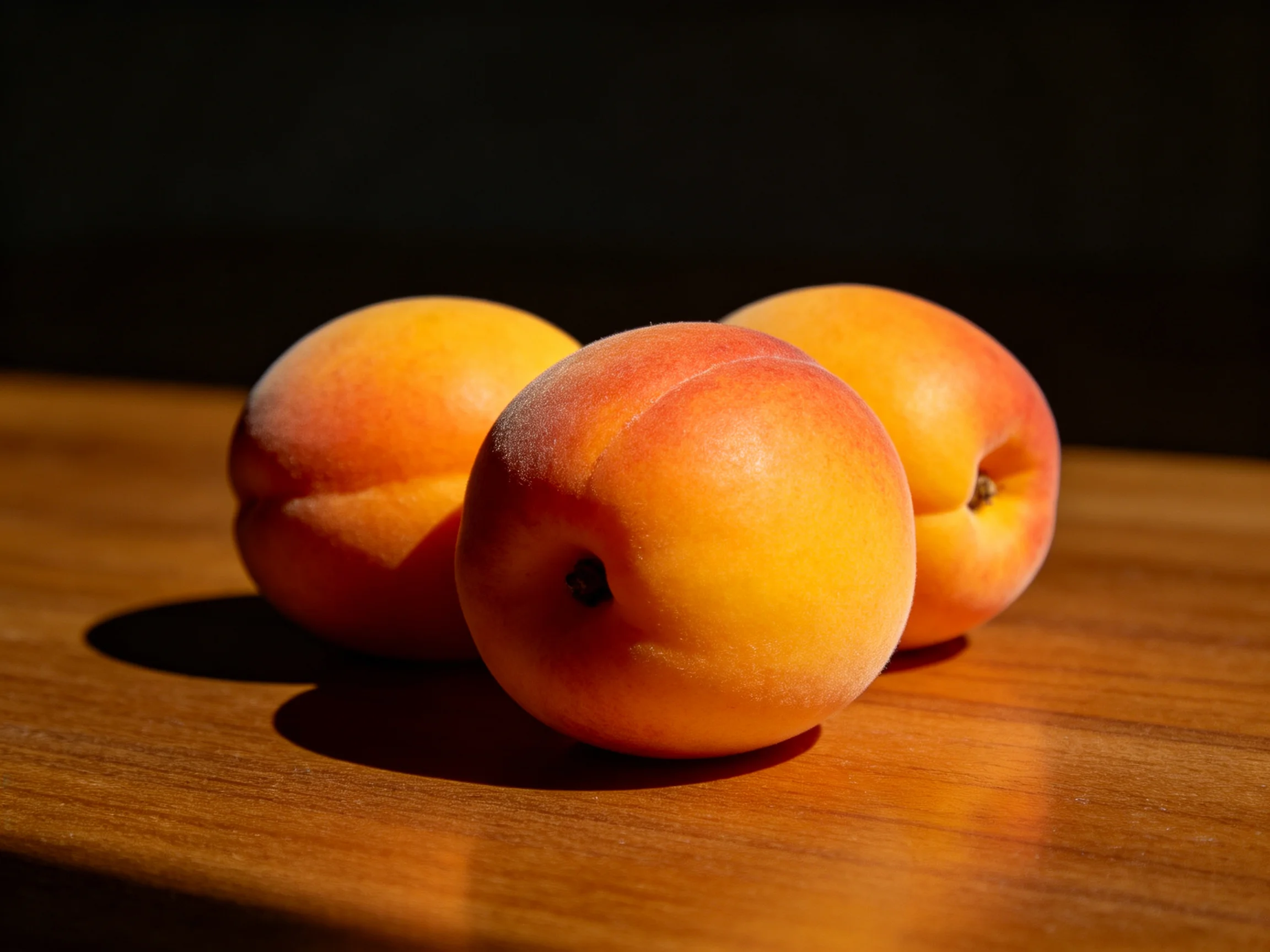 Three apricots with orange-yellow hues rest on a wooden surface