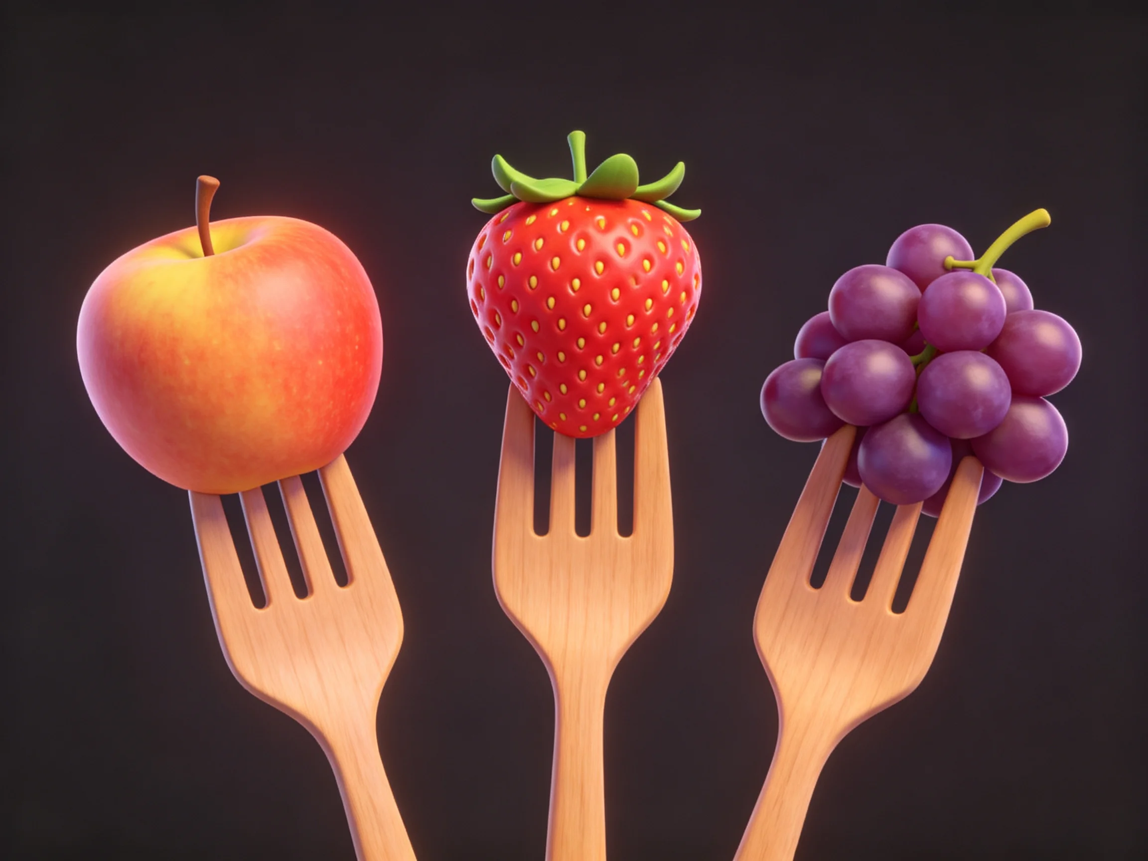 Three assorted fruits on wooden forks against a dark backdrop