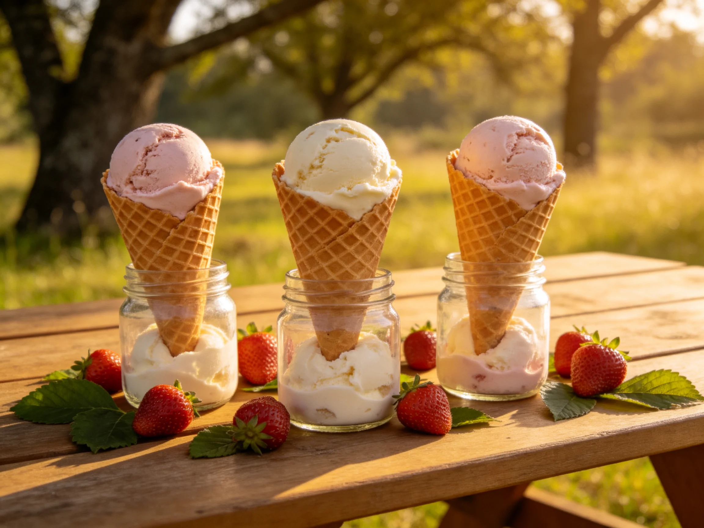 Three assorted ice cream cones in glass jars with fresh strawberries outdoors