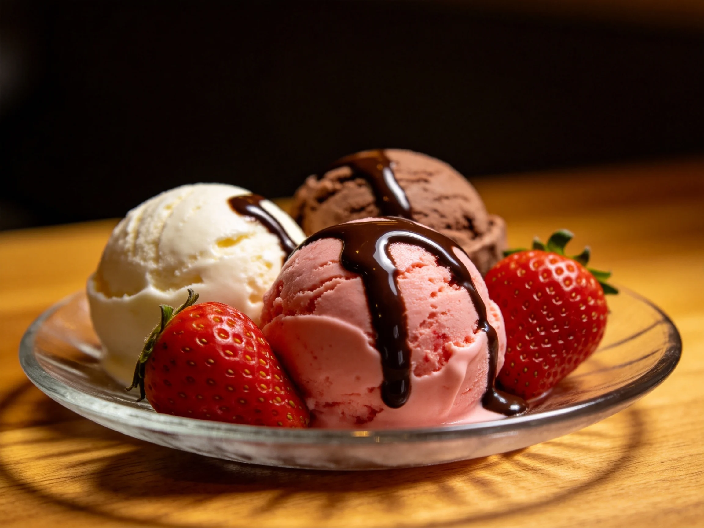 Three assorted ice cream scoops with strawberries and chocolate drizzle