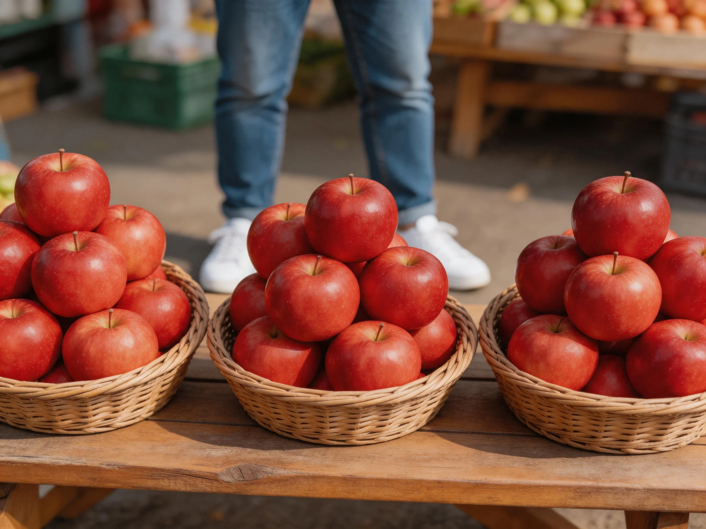 Three baskets filled with vibrant red apples sit on a wooden table