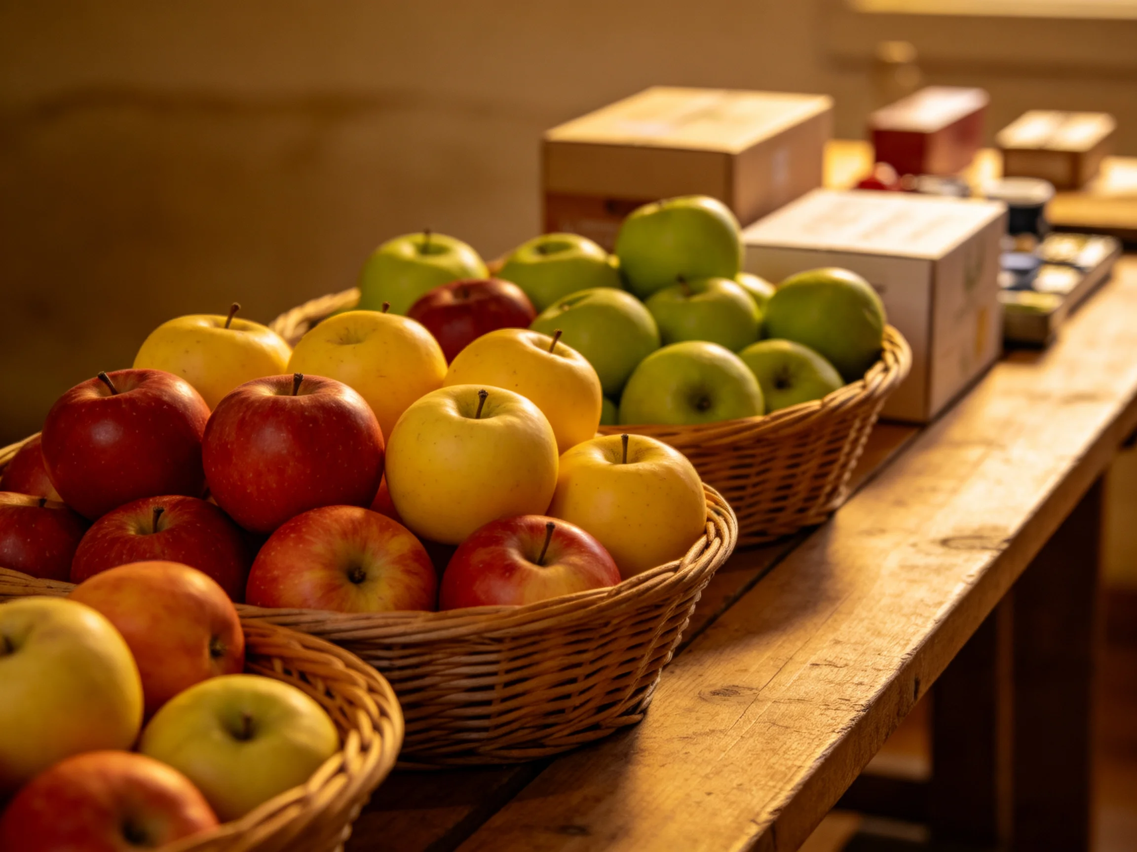 Three baskets hold assorted colored apples on a wooden table near boxes