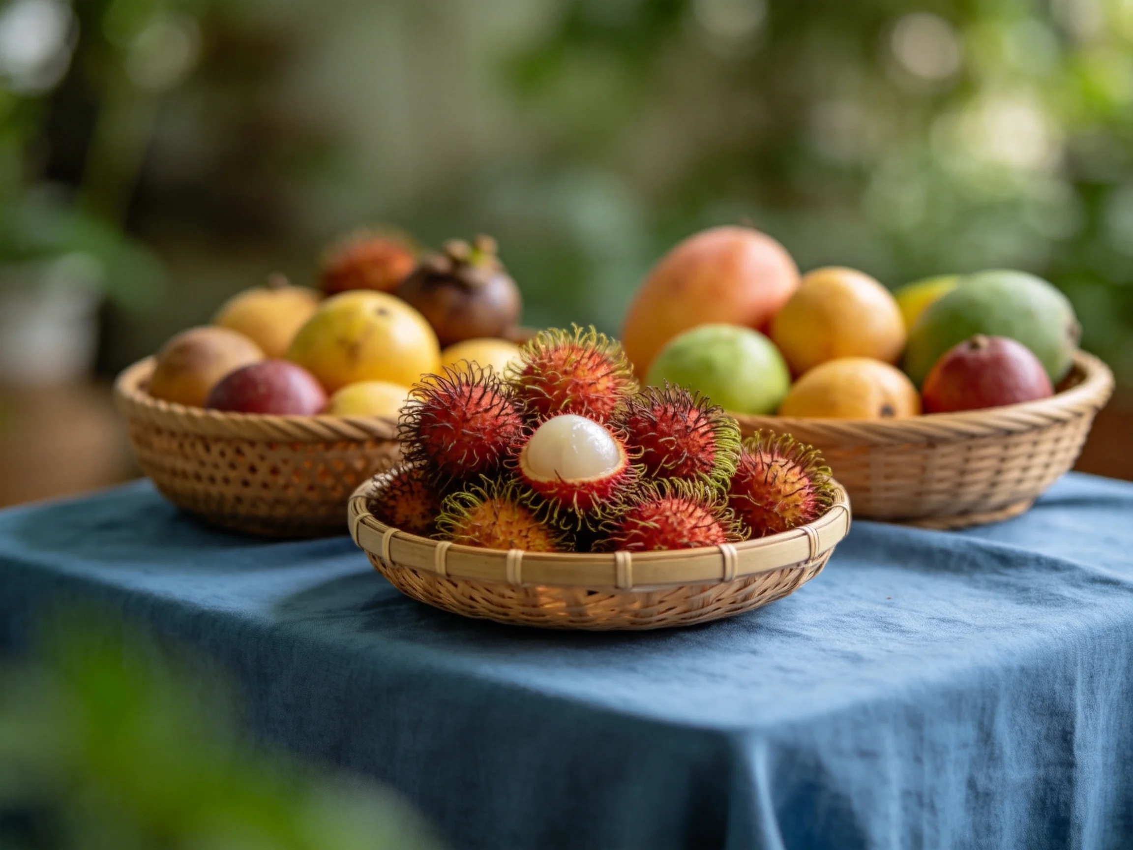 Three baskets hold vibrant tropical fruits on a blue cloth