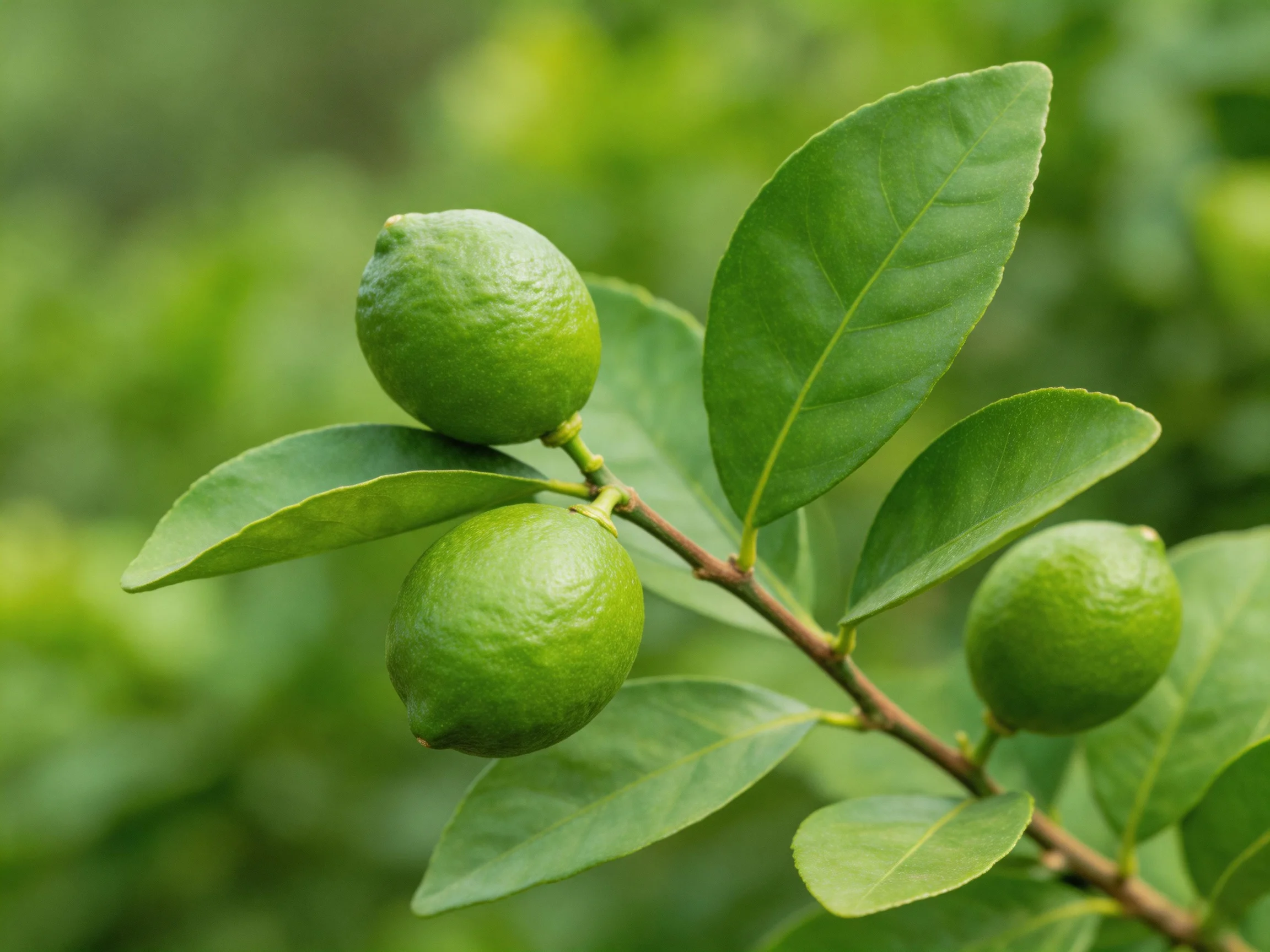 Three bright green limes hang from a branch with glossy leaves