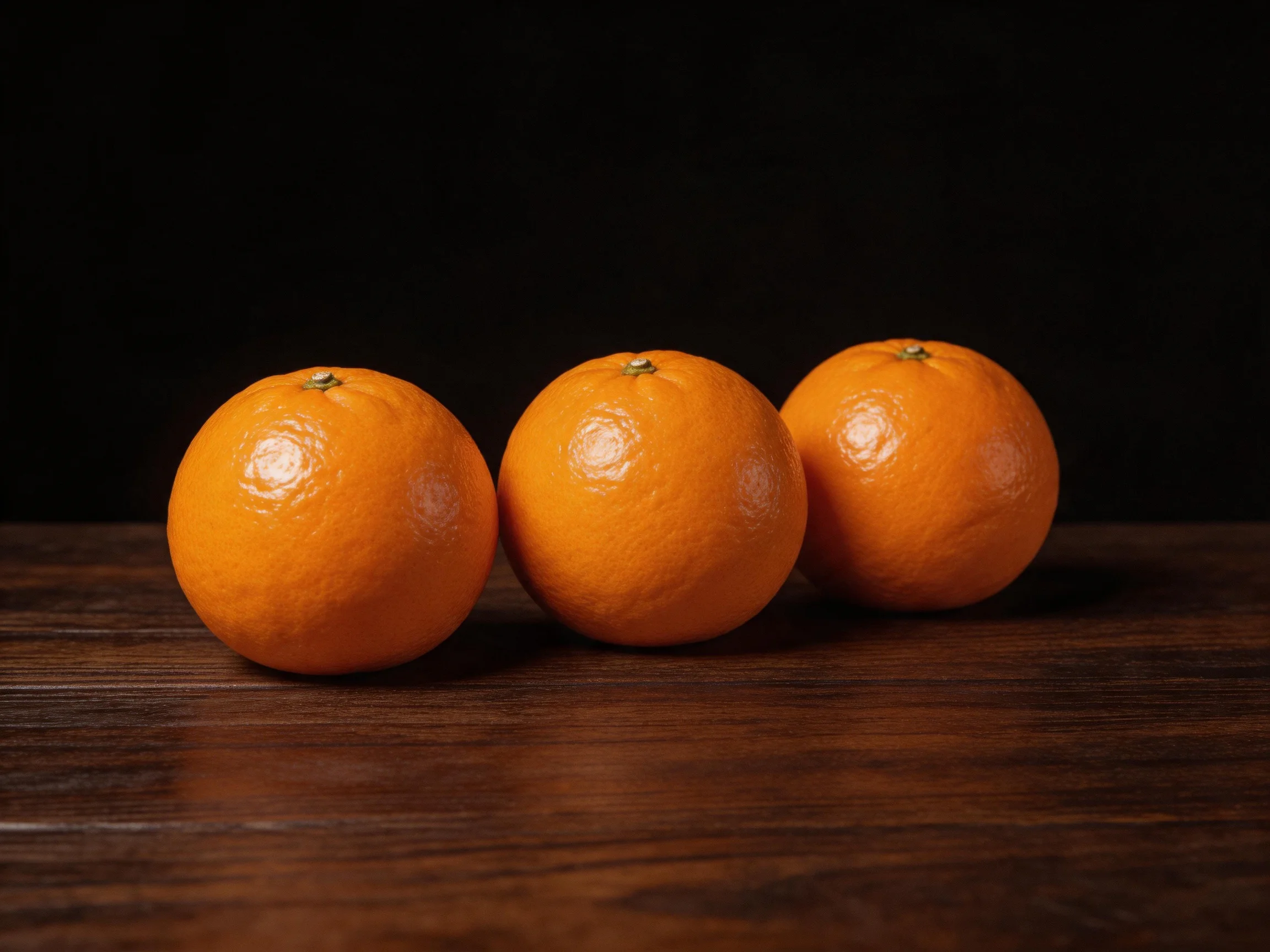 Three bright orange citrus fruits arranged on a dark wooden surface