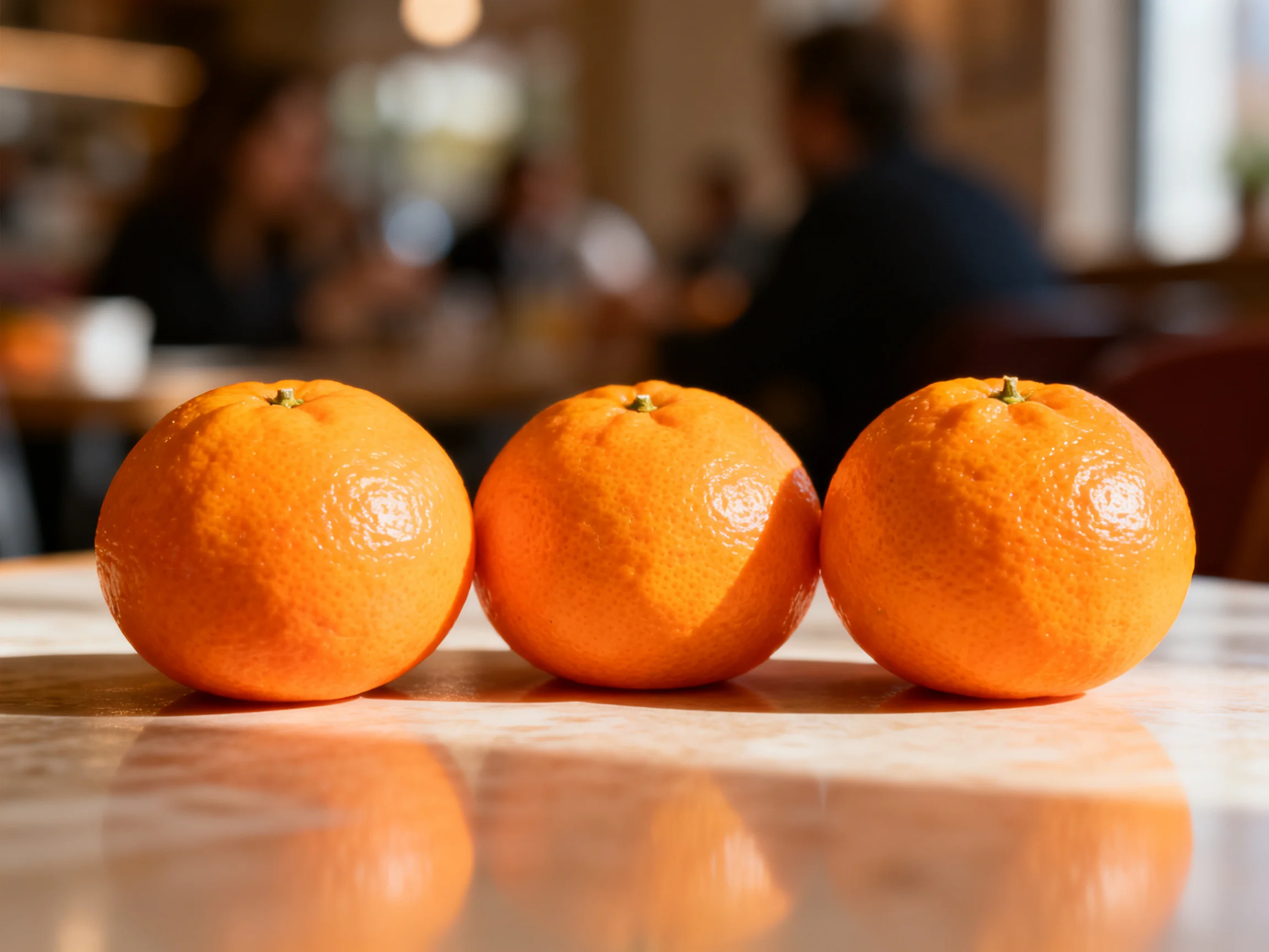 Three bright orange citrus fruits arranged on a polished table