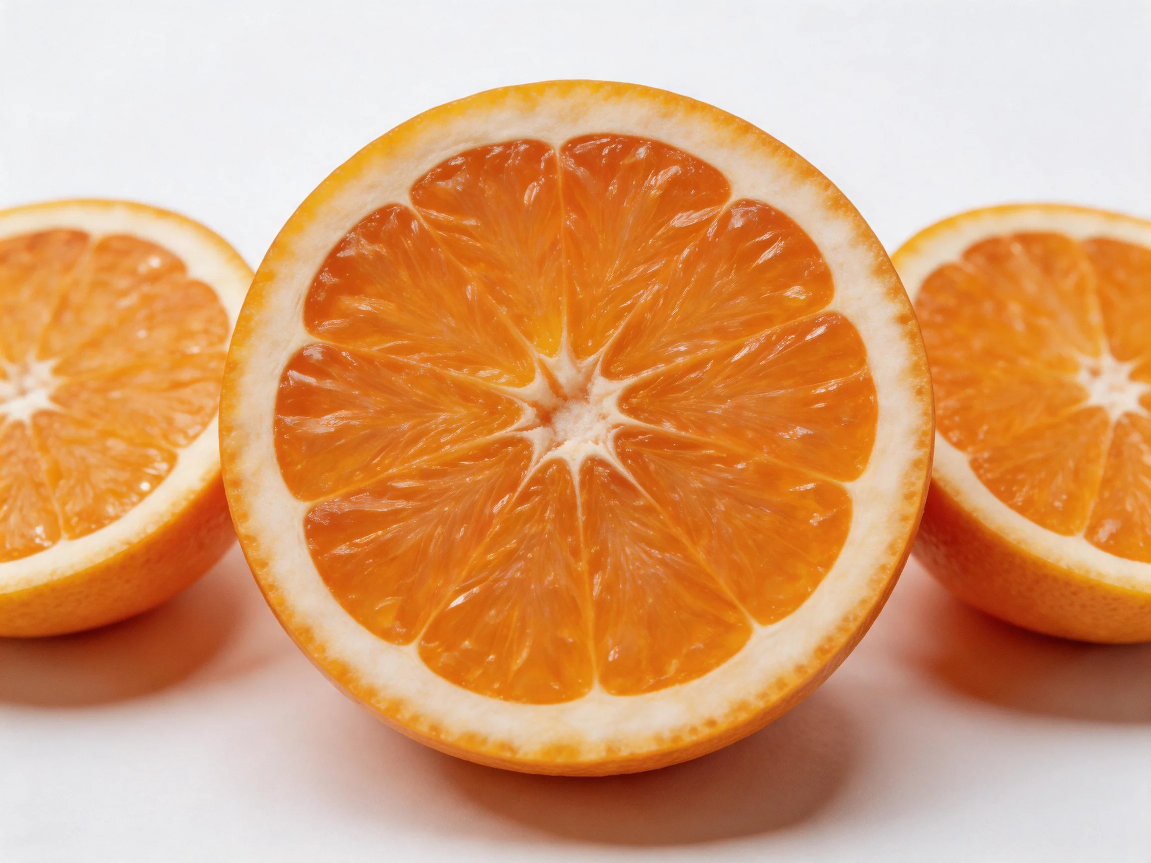 Three bright orange citrus halves displayed on a white surface