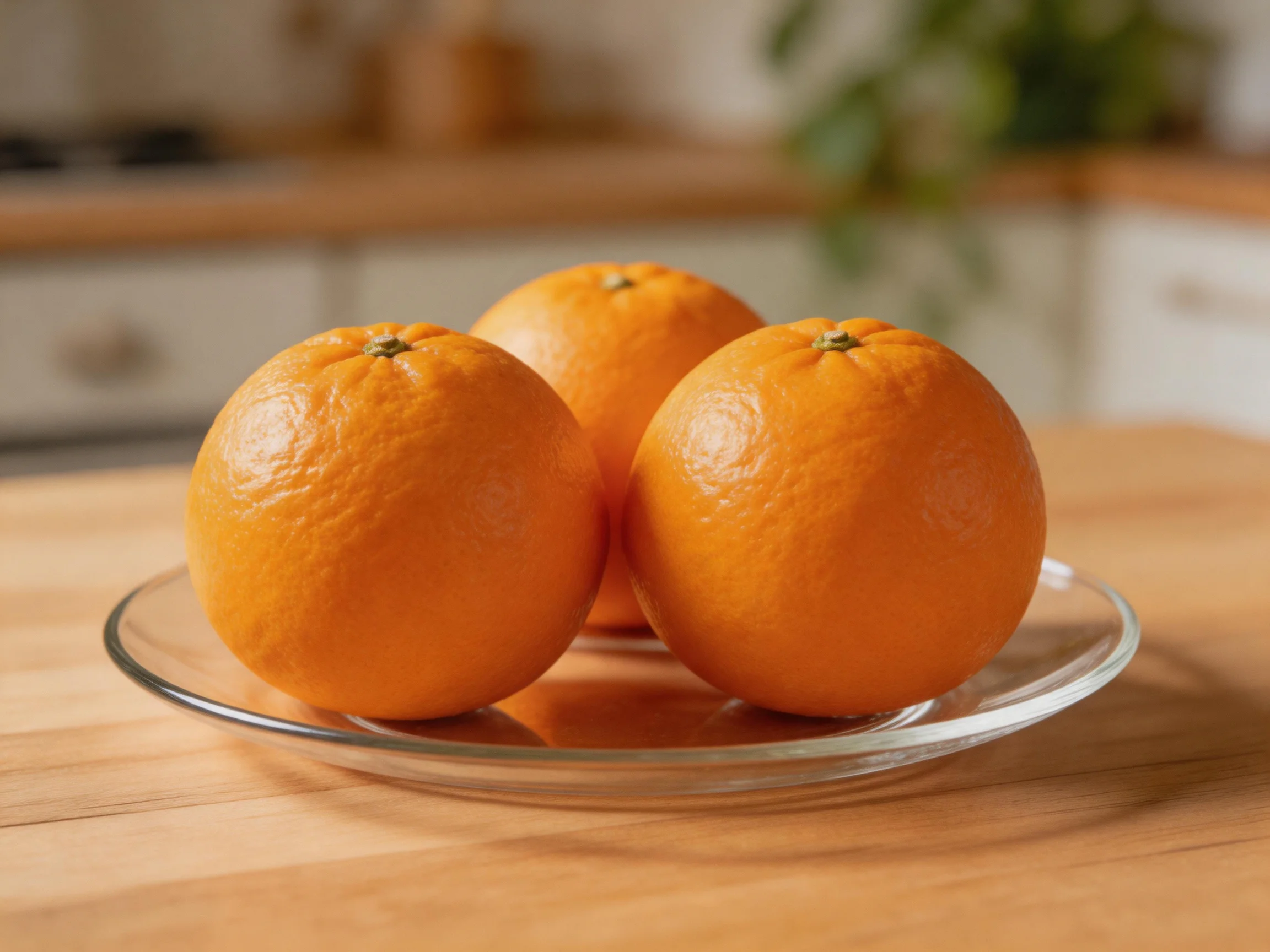 Three bright orange fruits on a clear glass plate