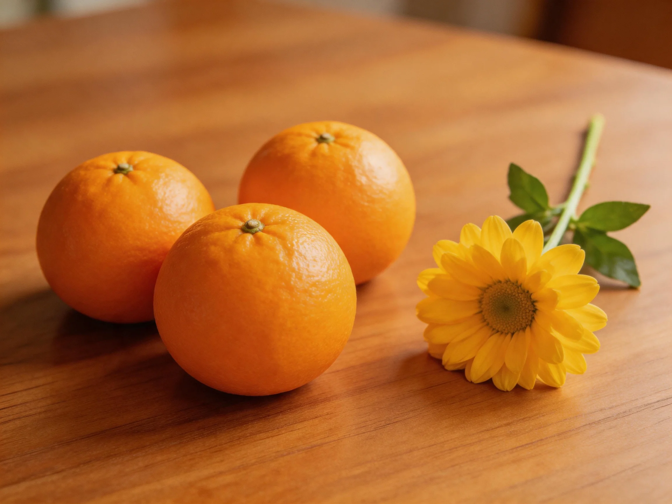 Three bright oranges and a yellow flower rest on a polished wooden table.
