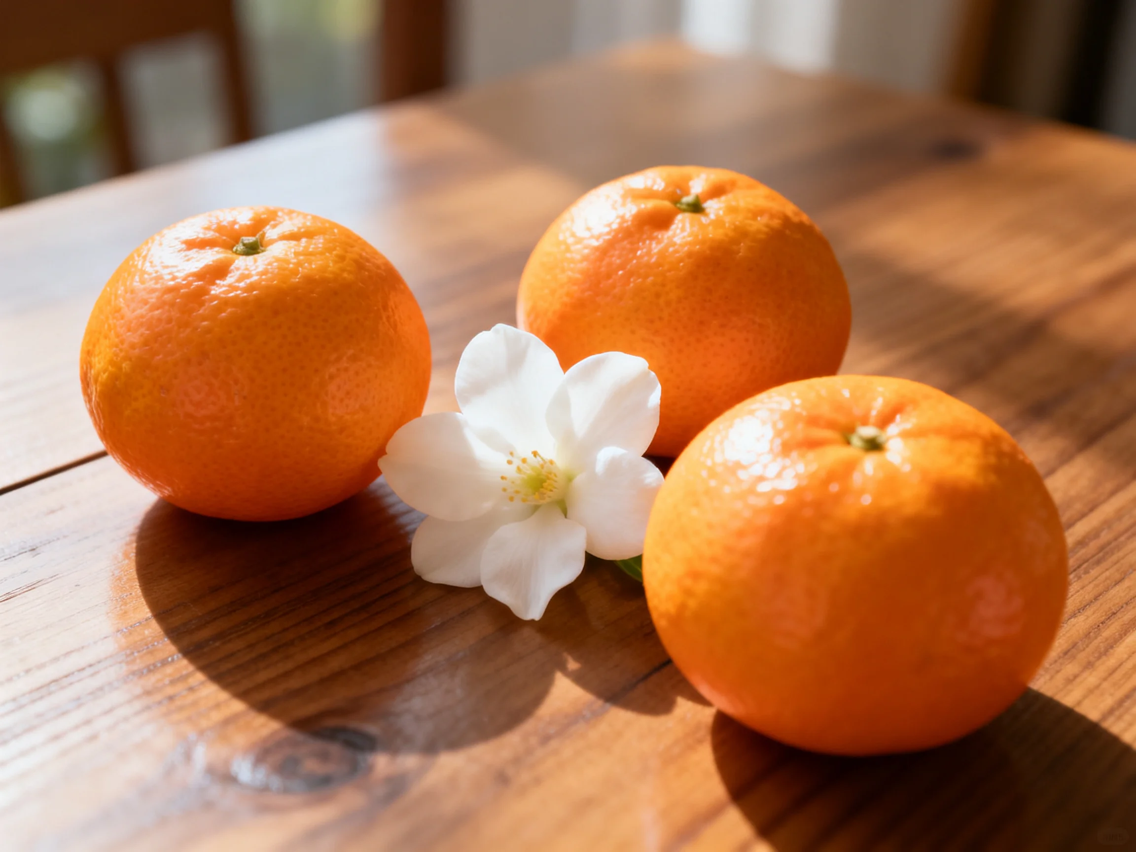 Three bright oranges rest beside a white flower on a polished wooden table