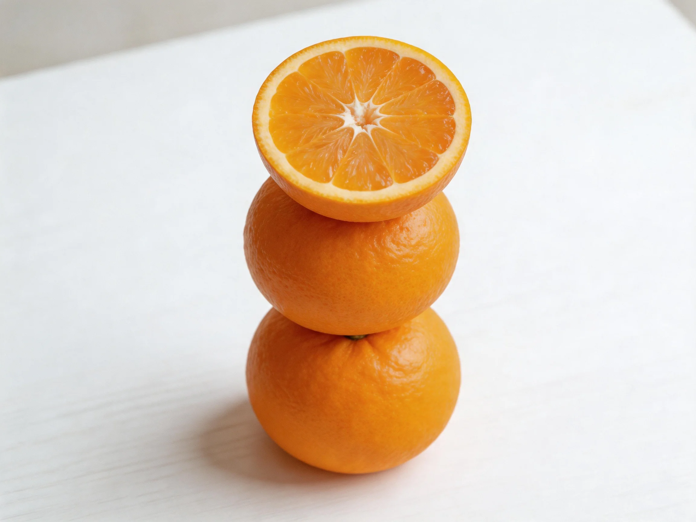 Three bright oranges stacked, one halved to reveal interior