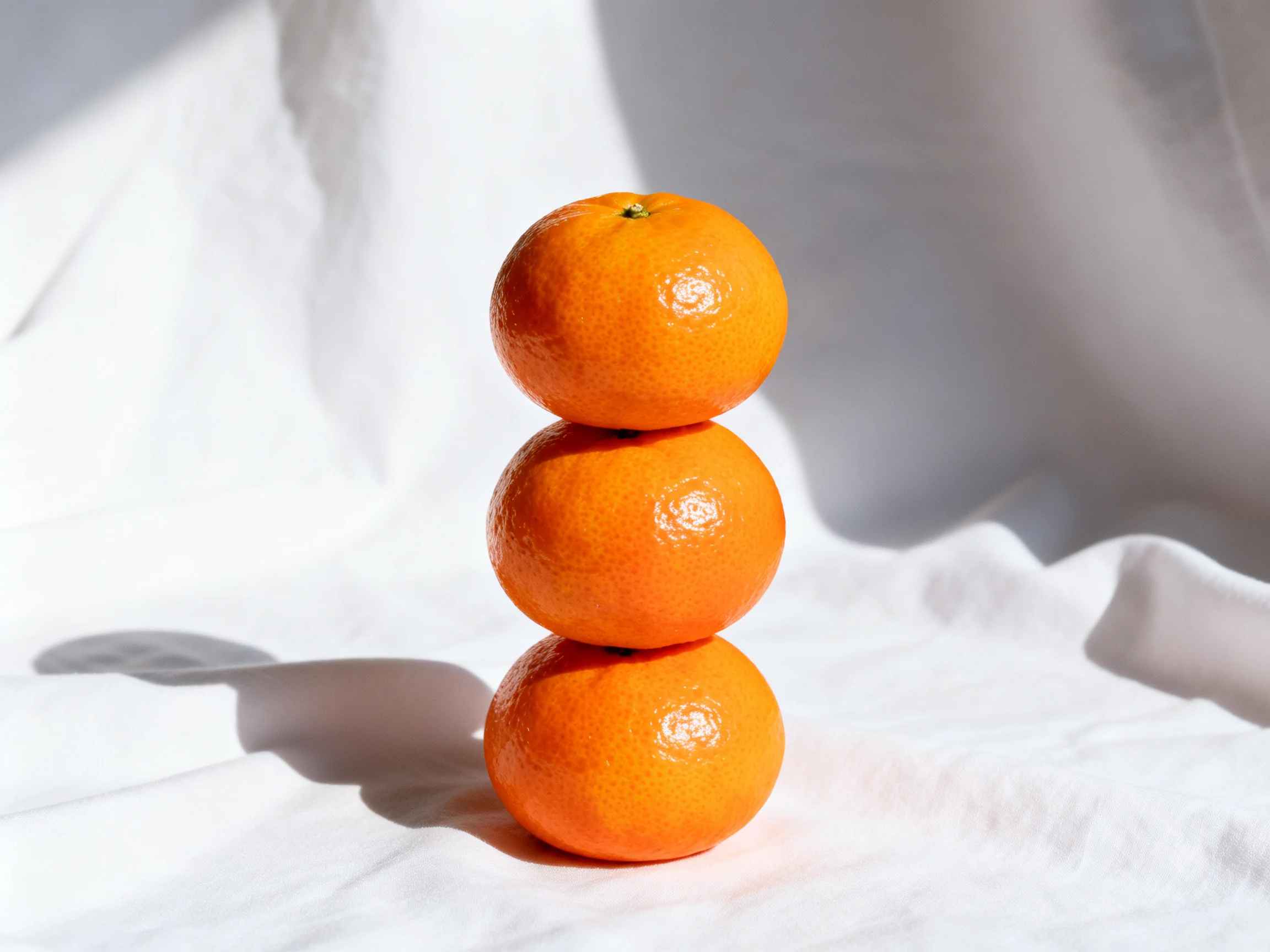 Three bright oranges stacked vertically on a white cloth