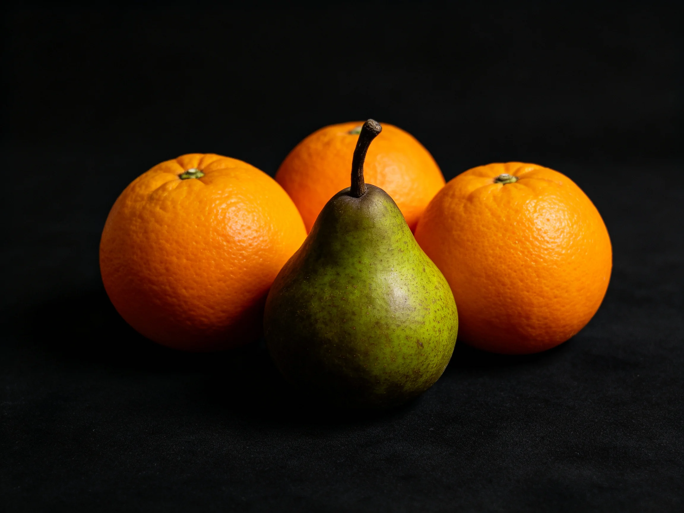 Three bright oranges surround a single green pear against a dark backdrop