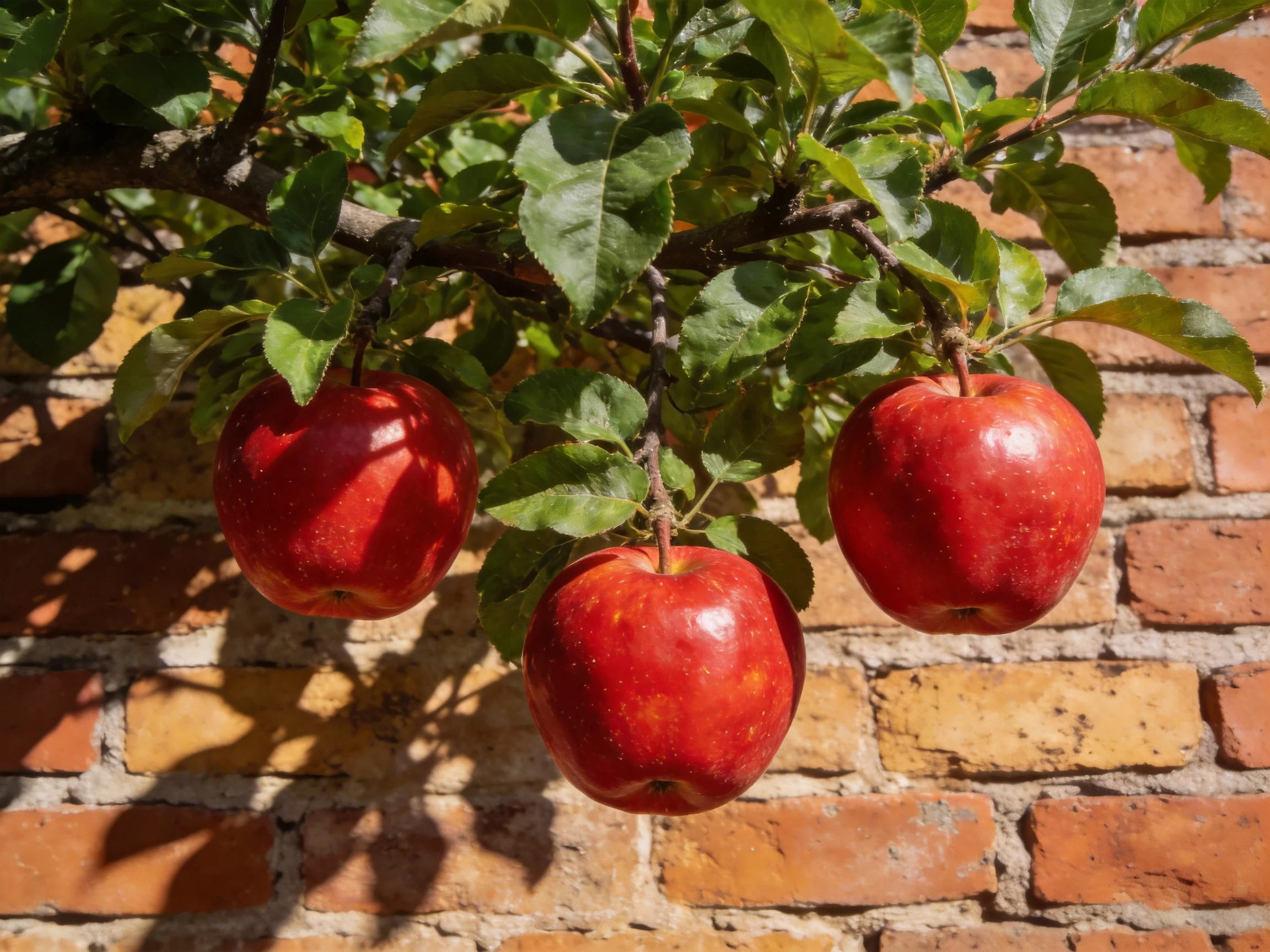 Three bright red apples hang from a tree by a brick wall