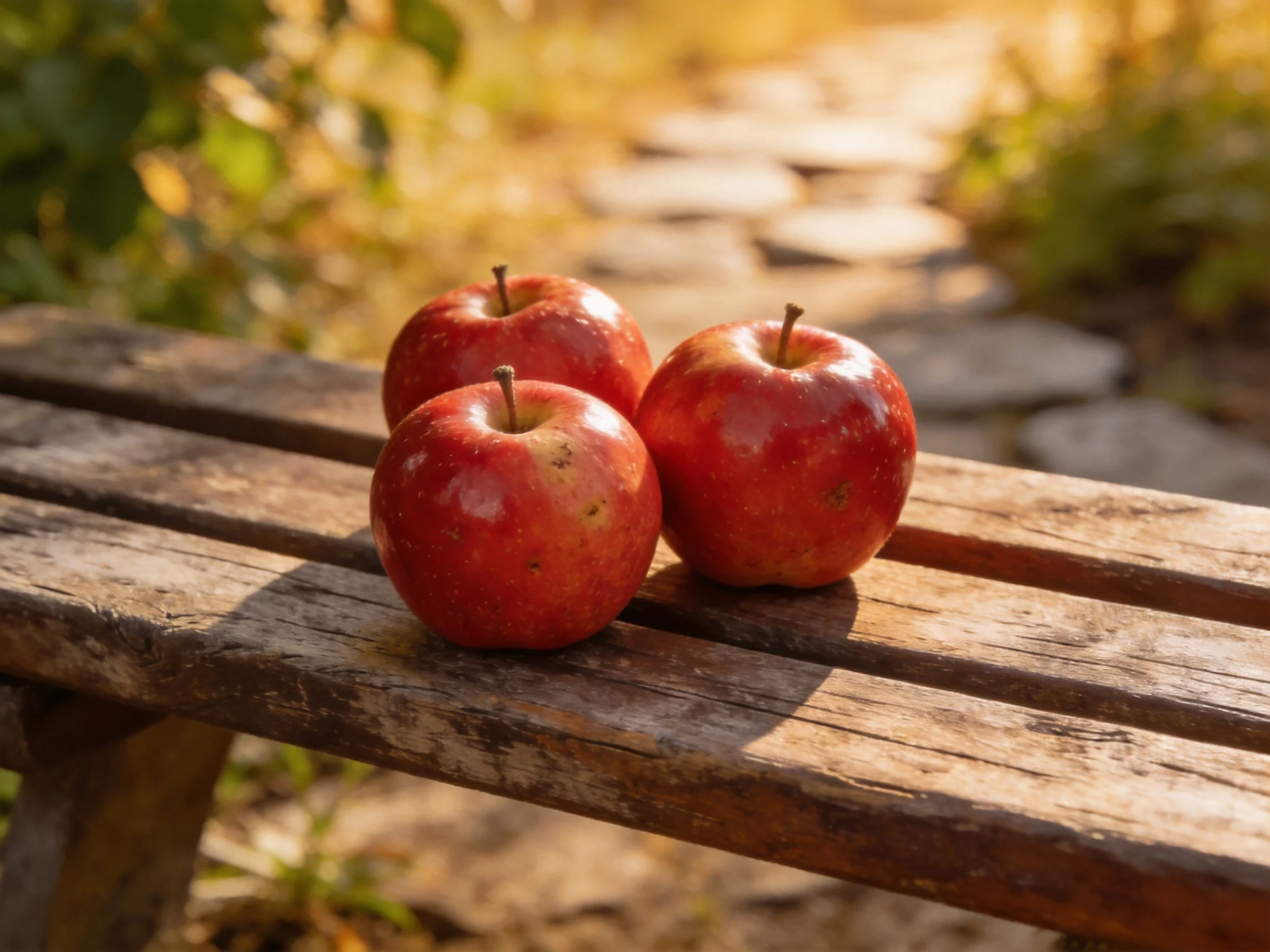 Three bright red apples rest on a weathered wooden bench outdoors.