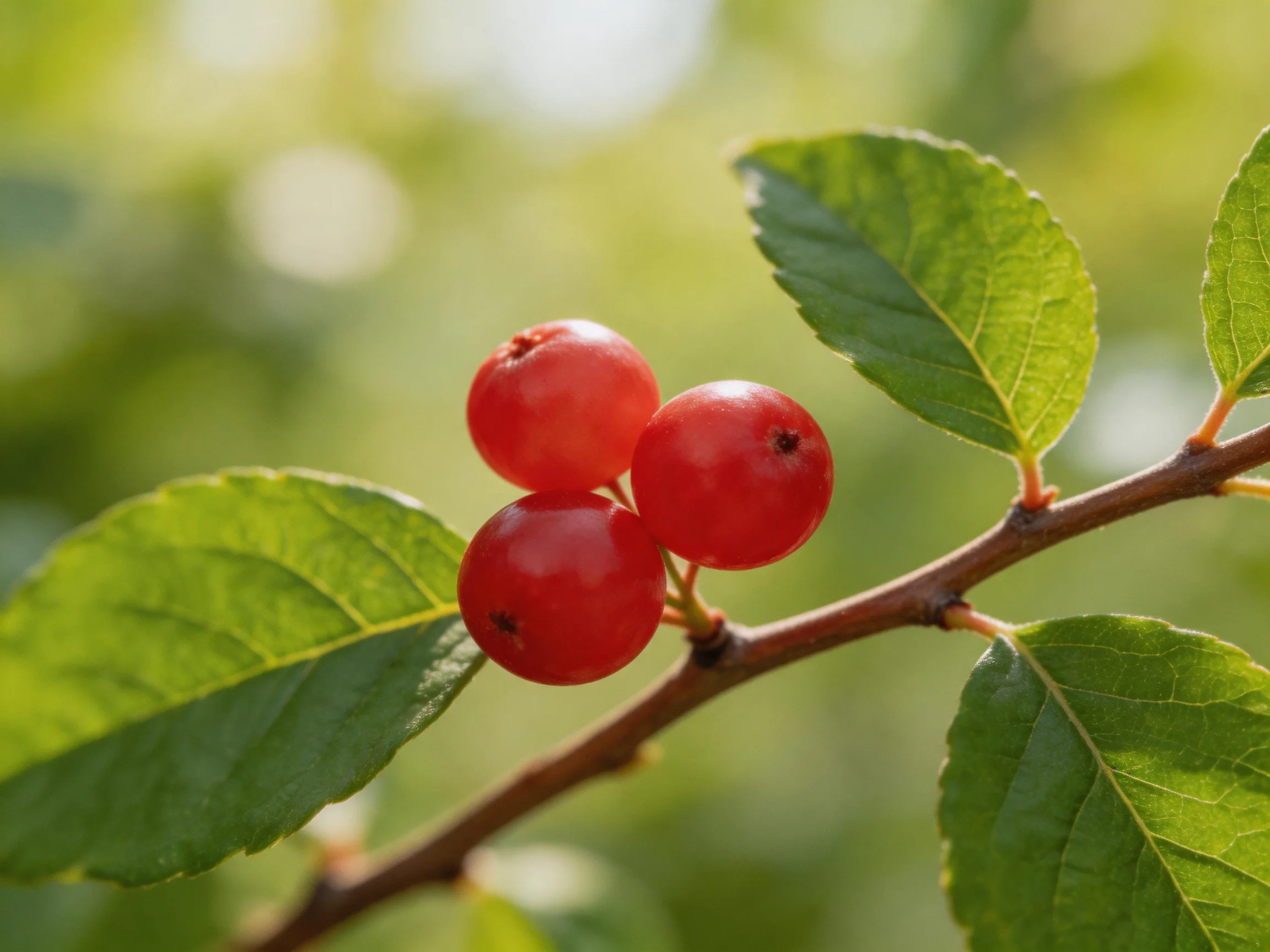 Three bright red berries cluster on a brown tree branch with glossy green leaves